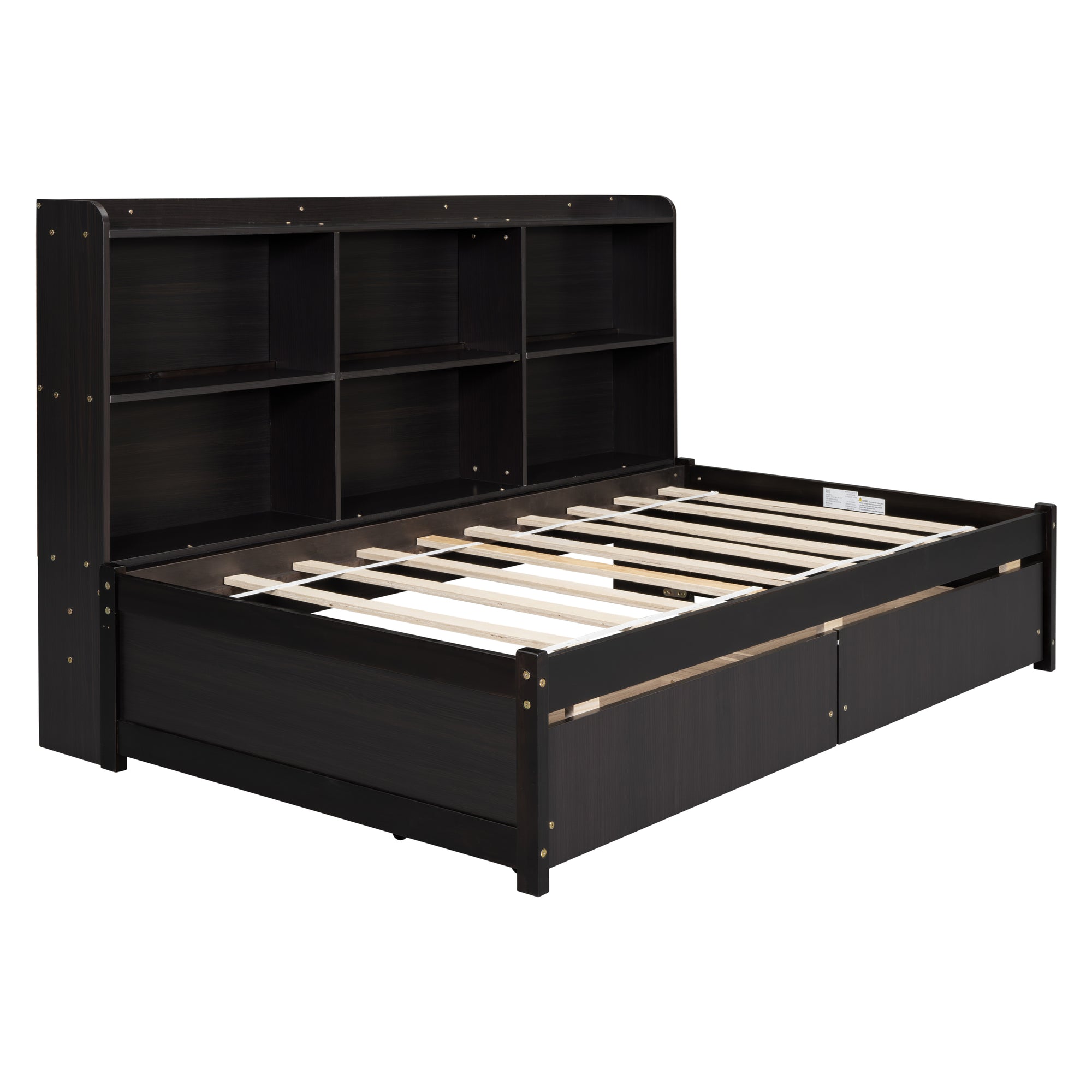 Espresso Tone Twin Bed with Side Bookcase and Storage Drawers