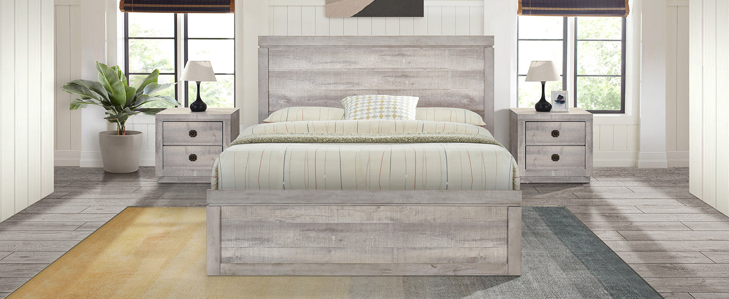 Full Size Farmhouse Style Pine Wood Platform Bed Frame in Rustic White