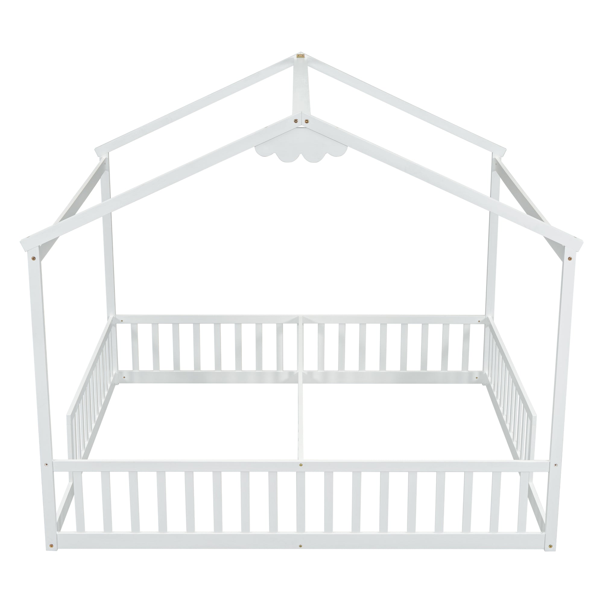 White Double Twin House-Style Toddler Floor Bed with Fence & Guardrails