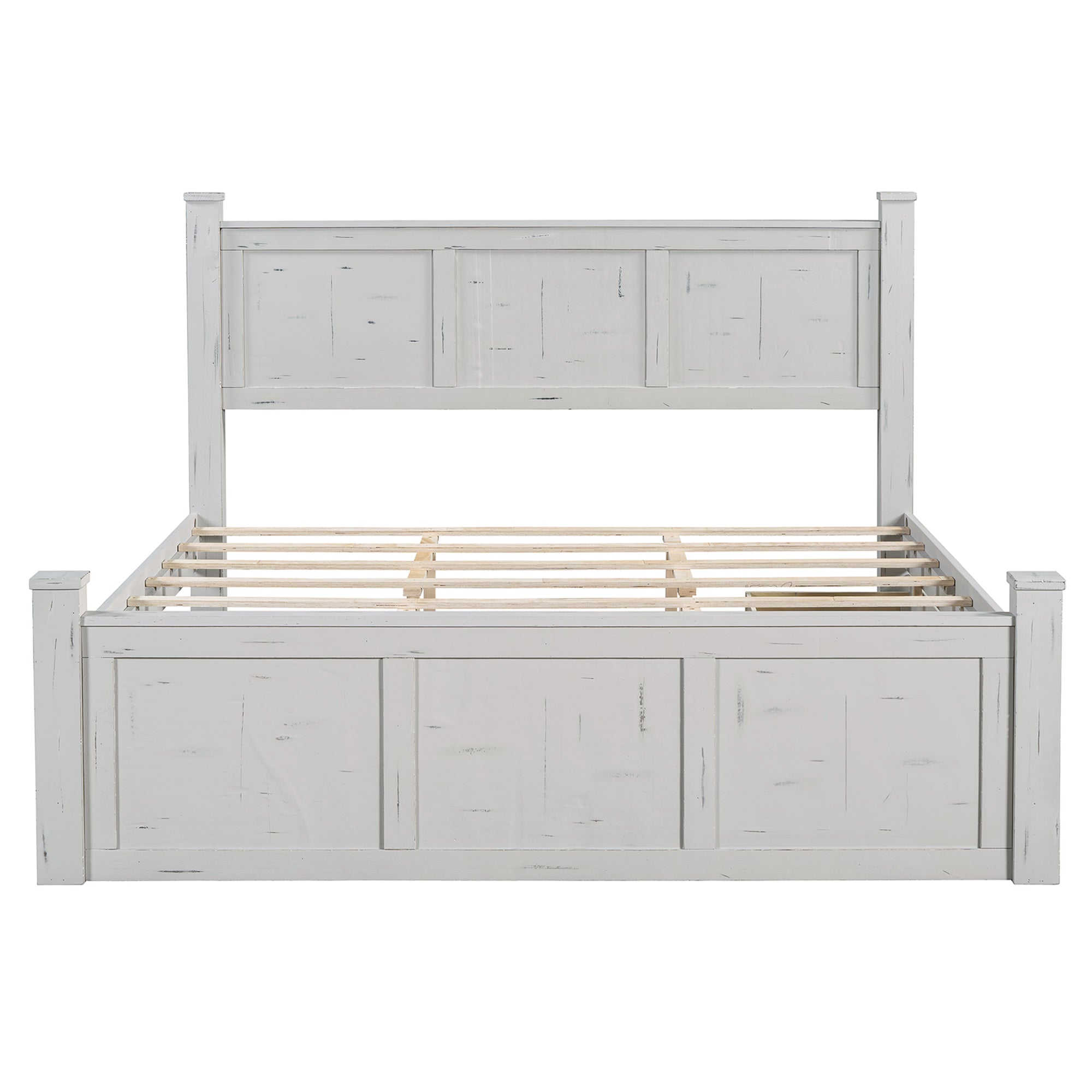 Ancient White King Size Farmhouse Bed with Storage Drawers