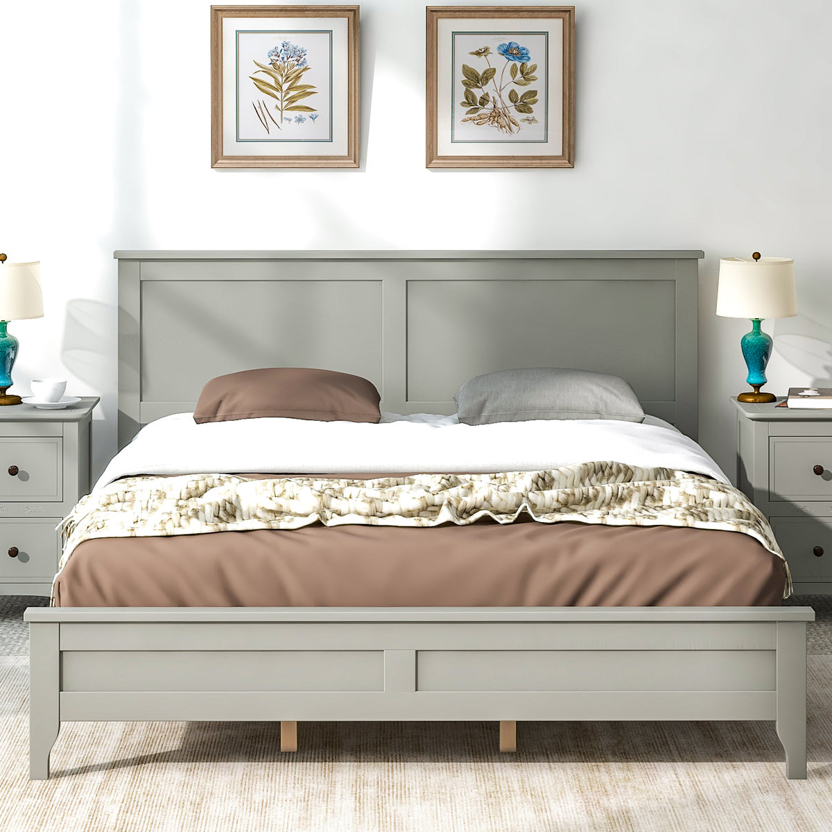 Gray Wooden Queen Size Platform Bed