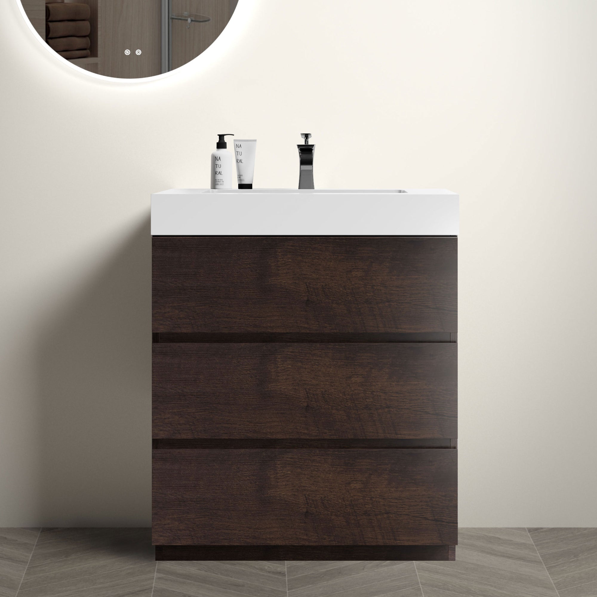 30 Walnut Bathroom Vanity with Sink Large Storage Freestanding Design One-Piece White Basin Pre-assembled In Walnut