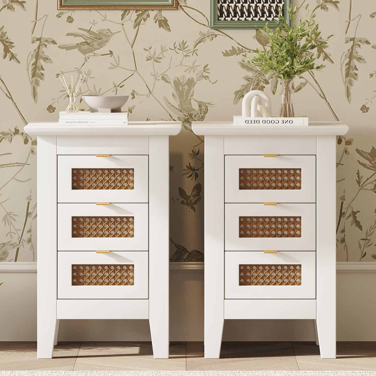 Wooden Nightstands Set of 2 with Rattan-Woven Surfaces and Three Drawers for Elegant Bedroom Storage In White