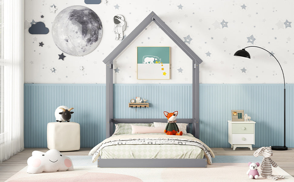 Gray Full Roof-Framed Headboard Toddler Floor Bed