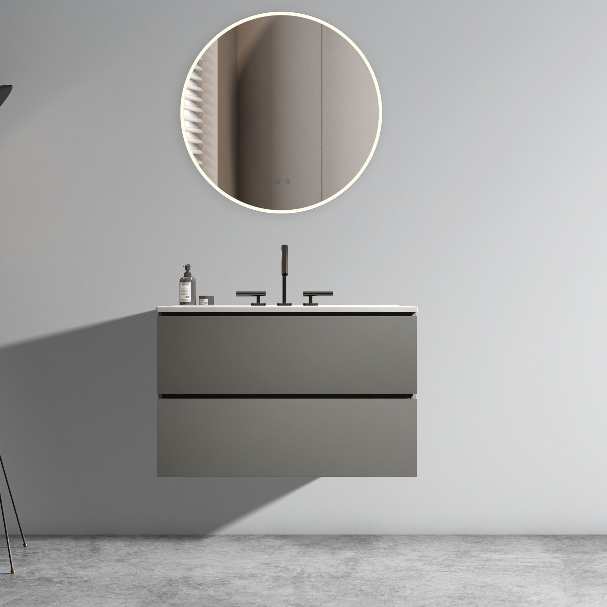 Wall Mount Space Grey Bathroom Vanity with Ceramic Sink and Three Faucet Holes Large Storage Floating Vanity In Space Grey