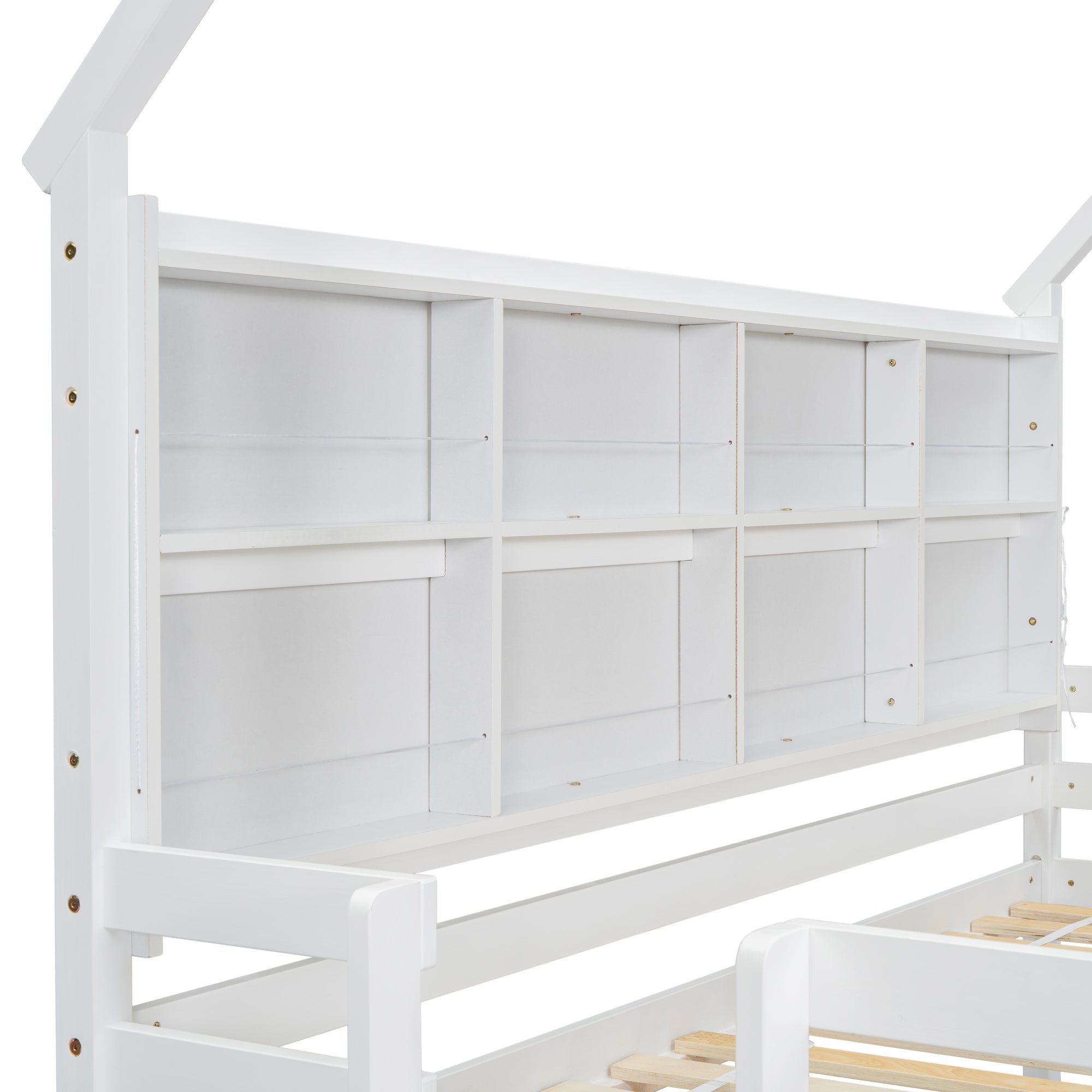 Twin House Loft Bed with Semi-Enclosed Roof and Built-in Bookshelves