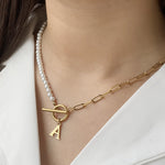 Load image into Gallery viewer, Pearl &amp; Paperclip Chain Letter Initial Necklace
