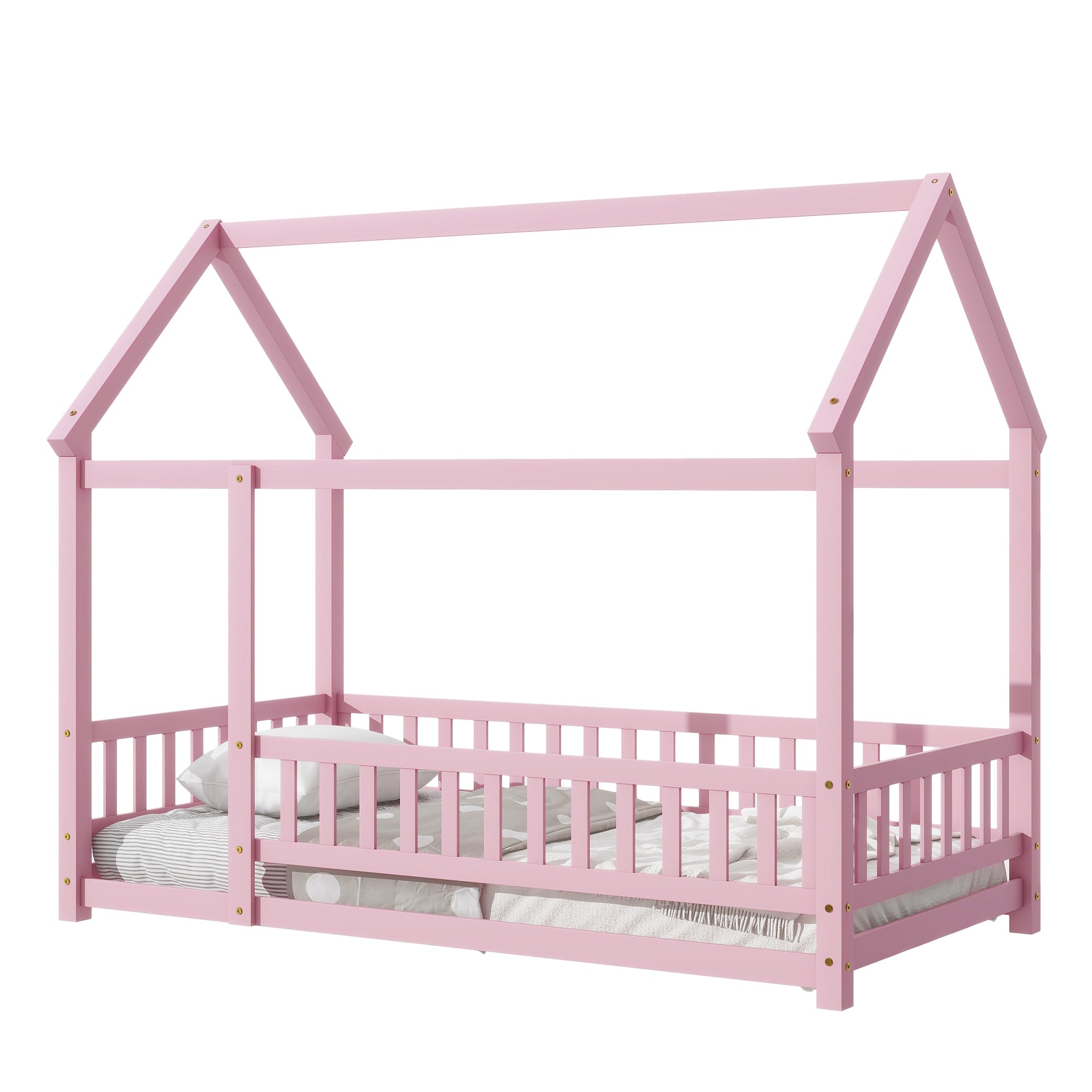 Pink Twin Size Toddler Floor Wooden Bed with House Roof Frame and Fence Guardrails