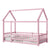 Pink Twin Size Toddler Floor Wooden Bed with House Roof Frame and Fence Guardrails