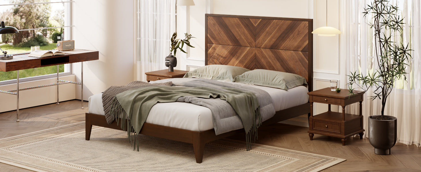 Walnut Tone Queen Mid-Century Modern Wooden Bed Frame