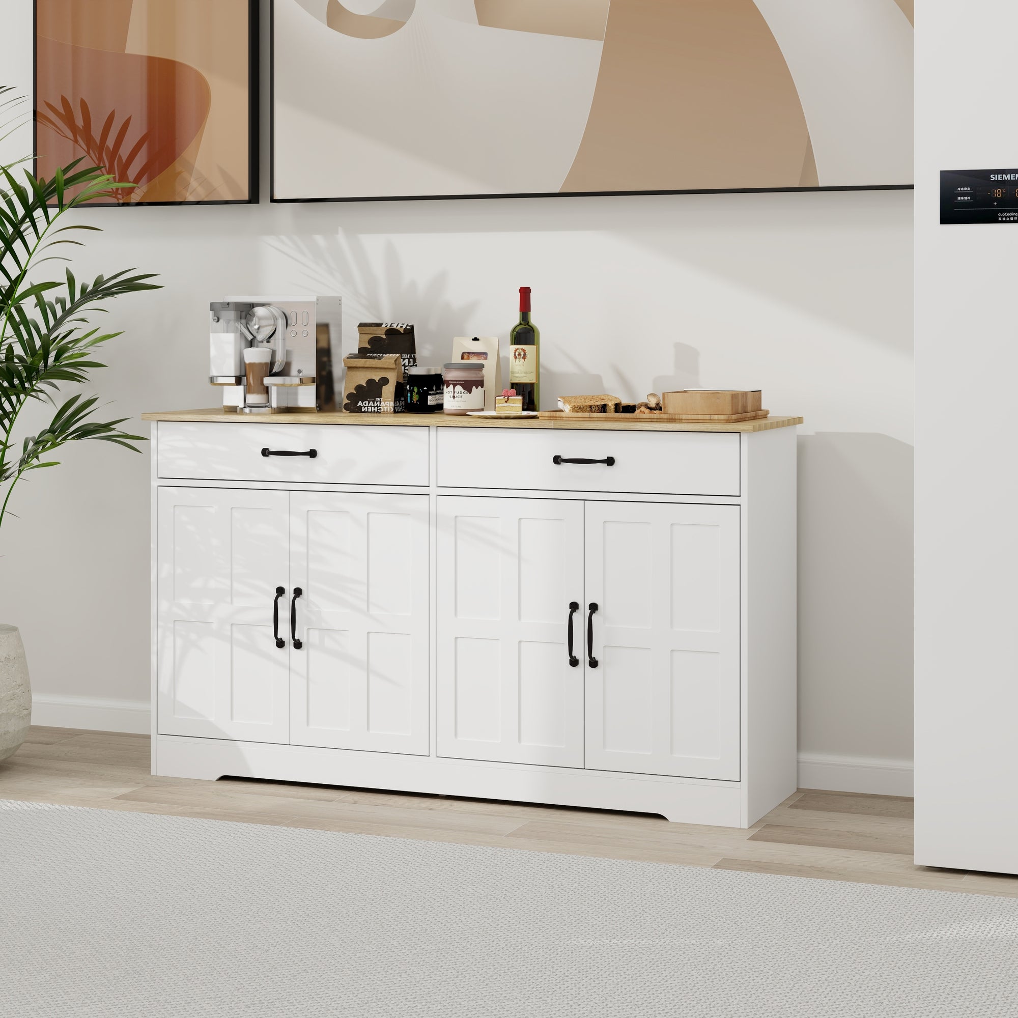 Large Farmhouse Buffet Cabinet Storage Sideboard with 2 Drawers and 4 Doors for Dining Living Room Kitchen in White