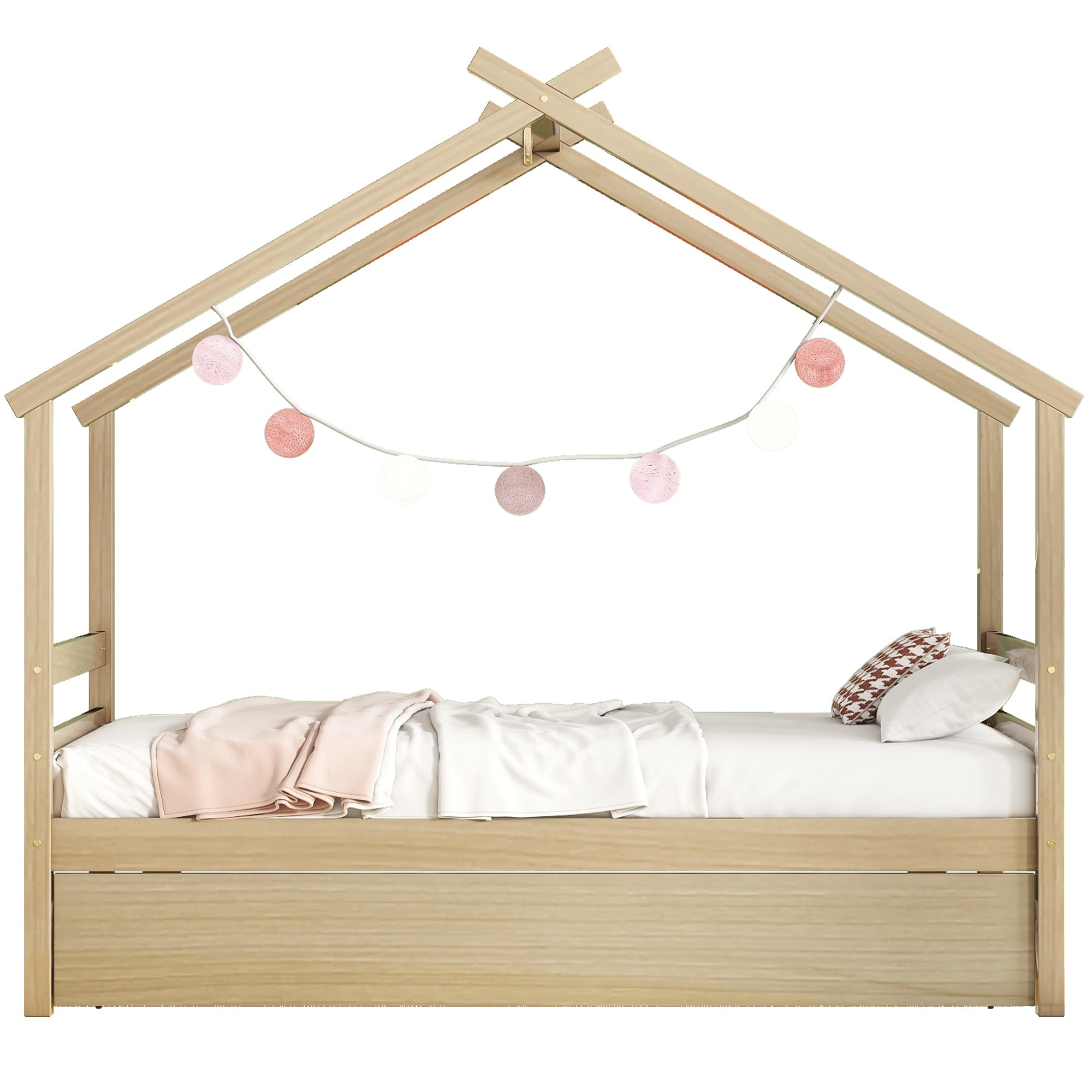 Natural Finish Twin House-Shaped Bed with Trundle