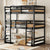 Black Triple Rubber Wood Bunk Bed with Built-In Ladders and Guardrails