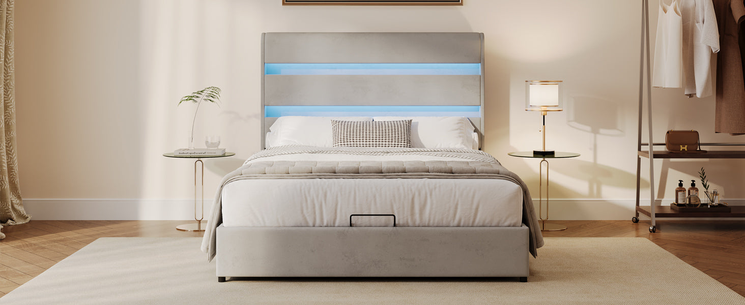 Gray Velvet Queen Hydraulic Storage Bed with LED Lights