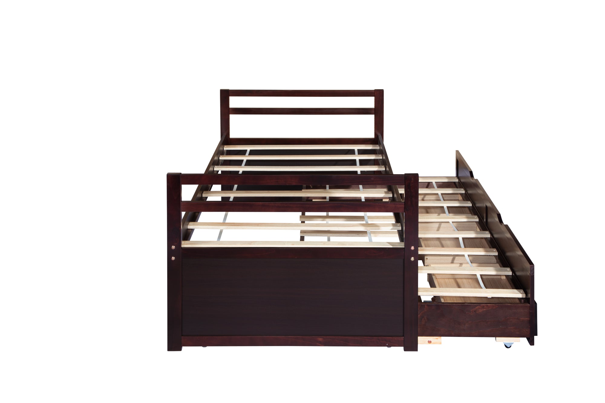 Espresso Pine Twin Size Bed with Headboard, Footboard, Trundle, and Three Storage Drawers