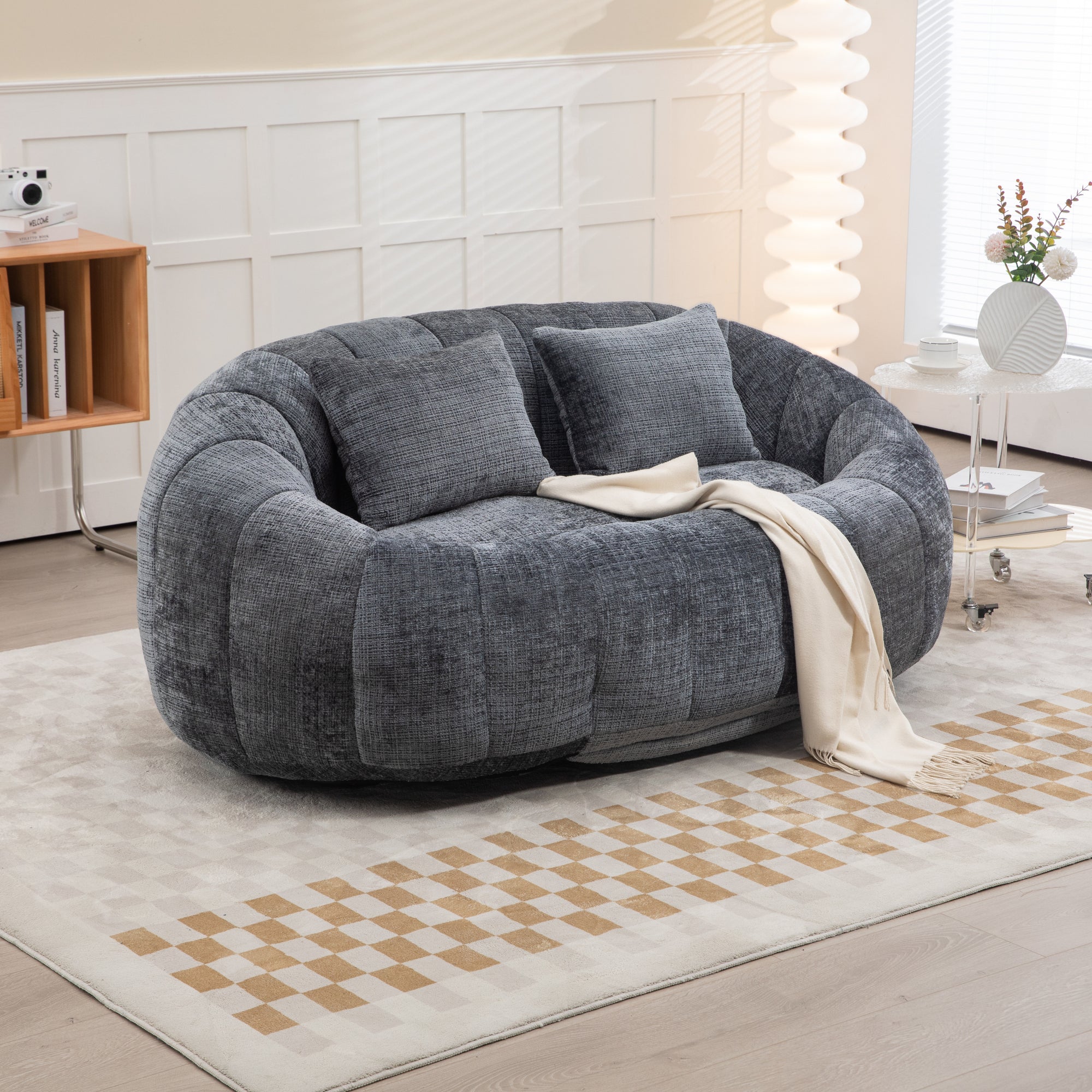 Gray Chenille Bean Shape 2-Seater Lazy Sofa