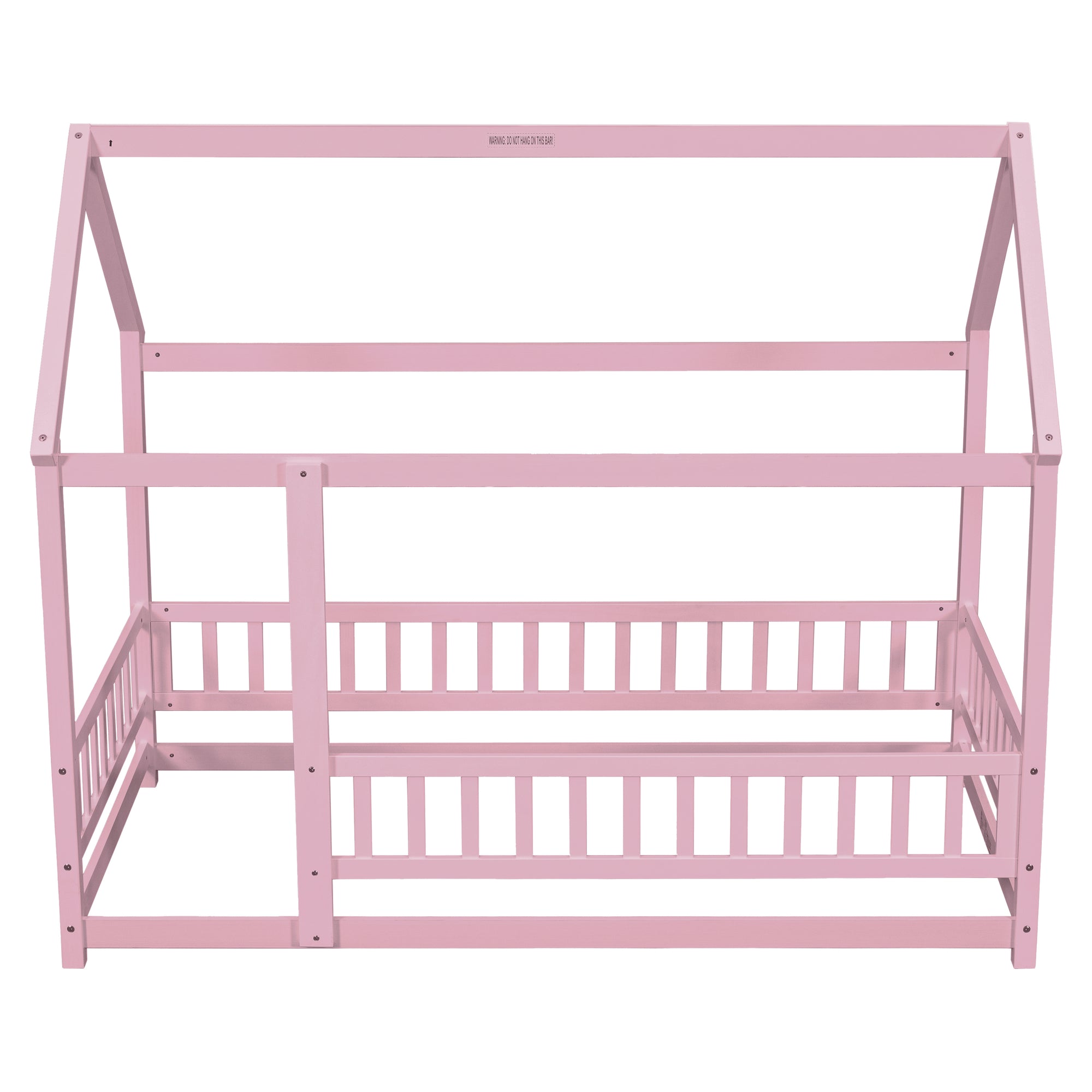 Pink Twin Size Toddler Floor Wooden Bed with House Roof Frame and Fence Guardrails