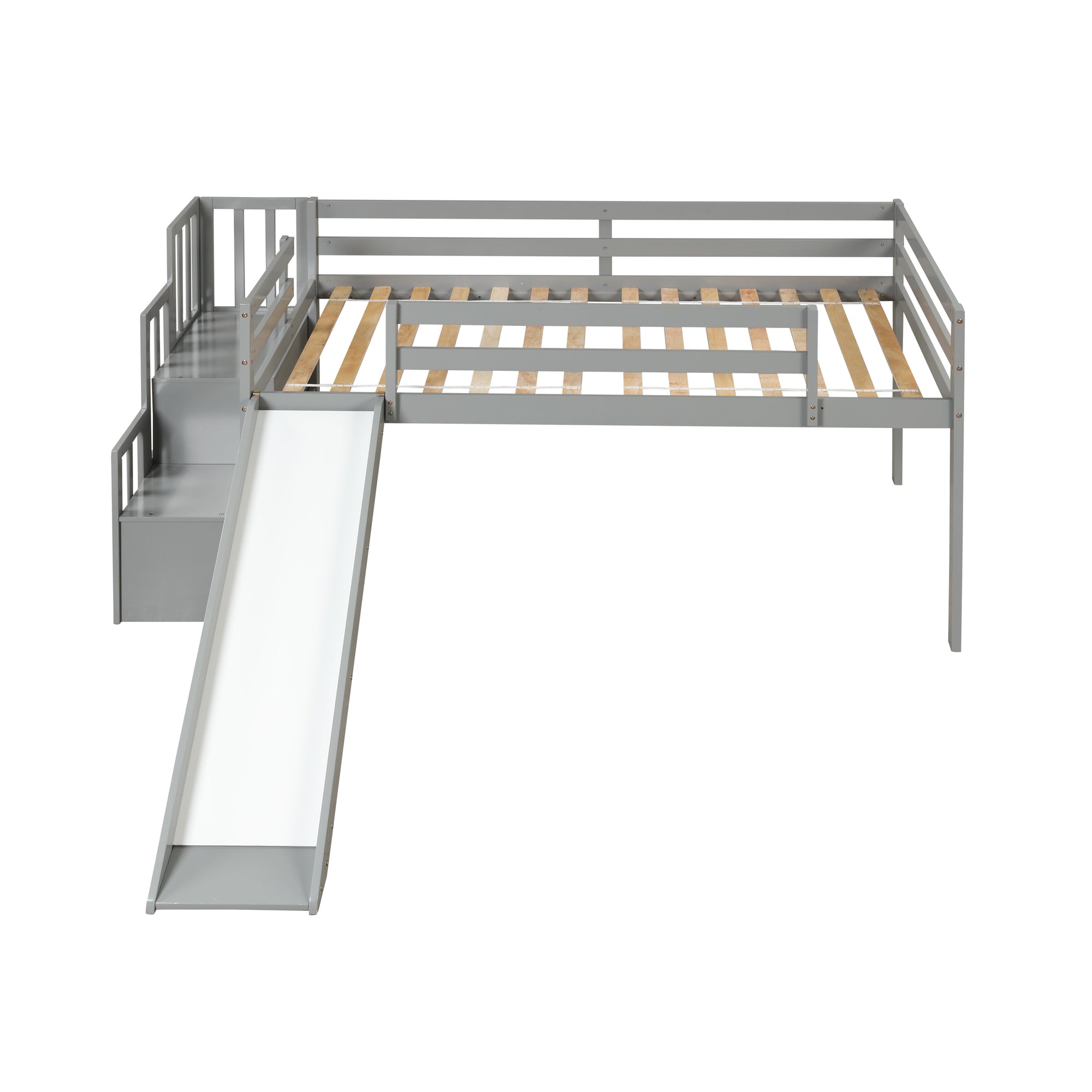 Gray Twin Loft Bed with Slide, Storage Staircase, and Full-Length Guardrails