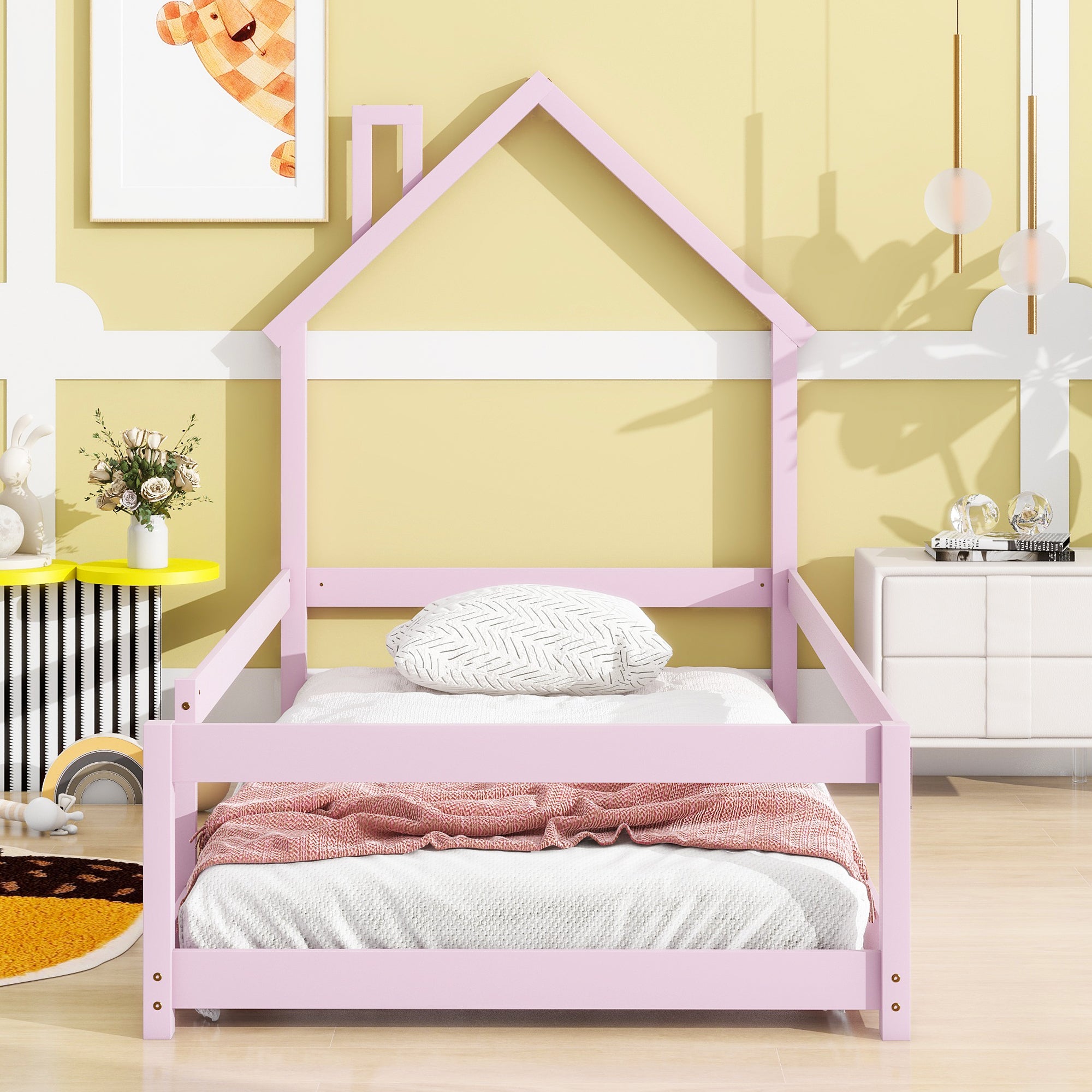 Pink Twin Size Wood Toddler Floor Bed with House-Shaped Headboard & Guardrails