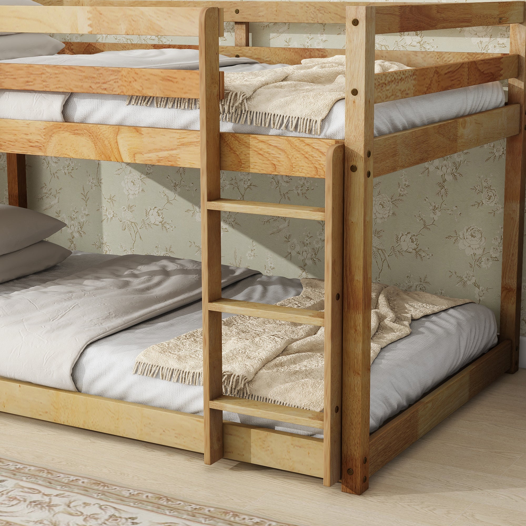 Twin Over Twin Rubber Wood Loft Bed with Ladder in Natural Finish