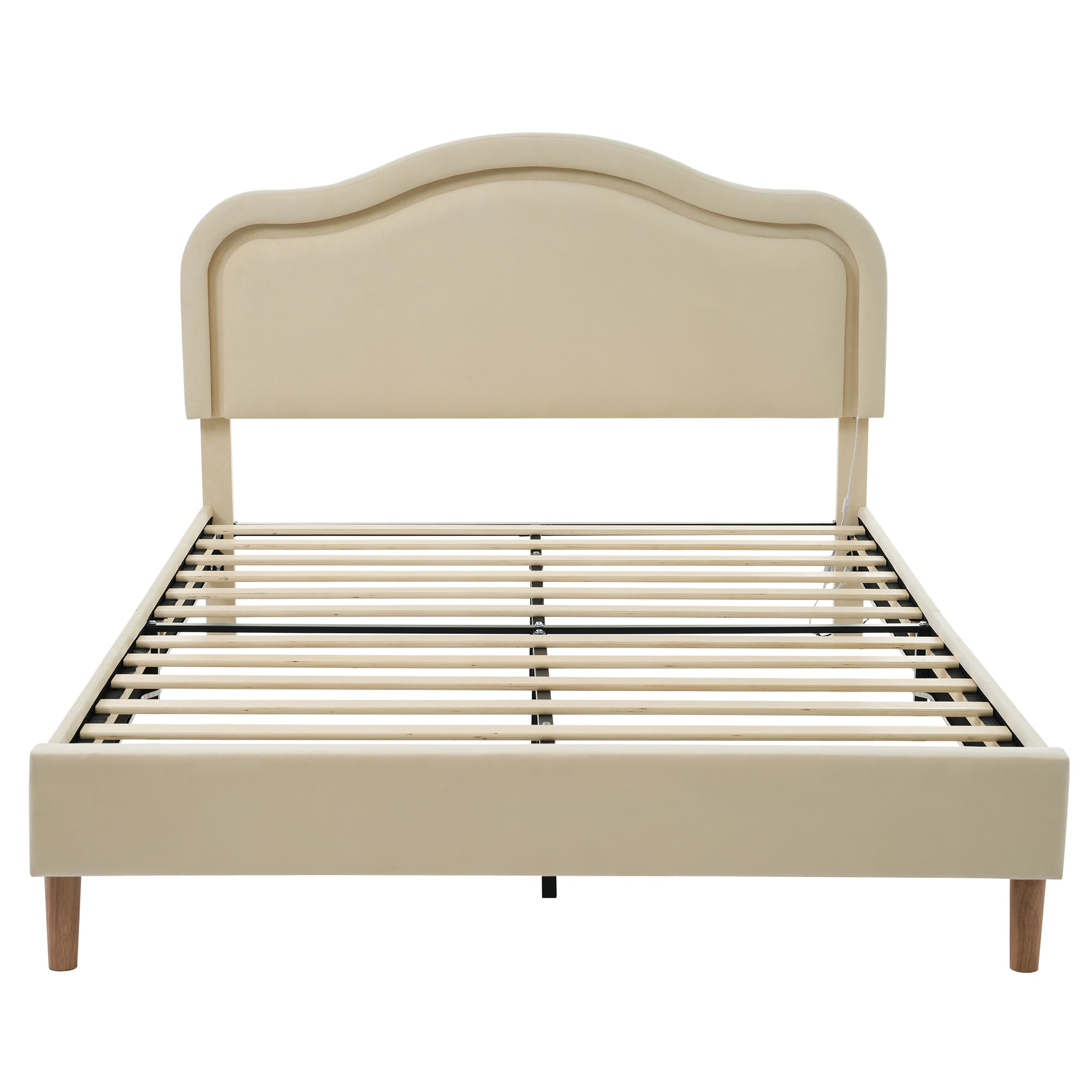 Full Size Bed Frame with LED Lights, Adjustable Headboard, and Beige Velvet Upholstery