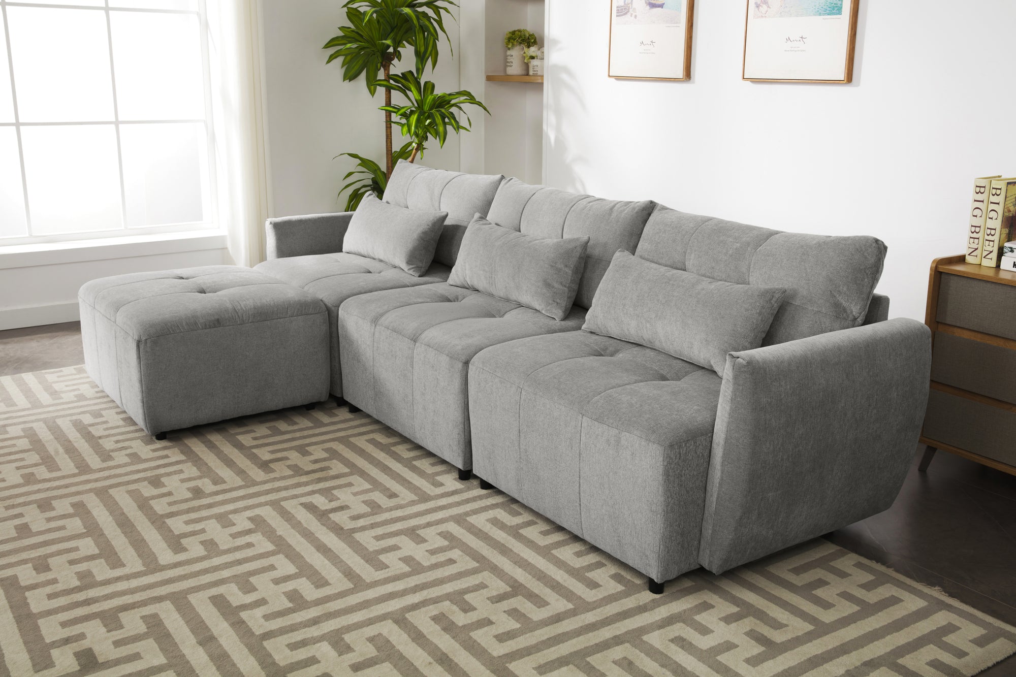 Khartoum Sectional Sofa with Movable Ottoman in Grey Chenille