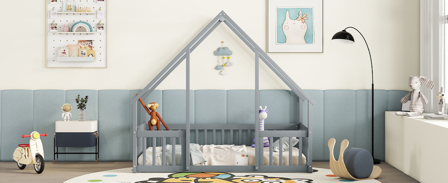 Twin Wood House-Shaped Toddler Floor Bed with Fence & Guardrails in Gray