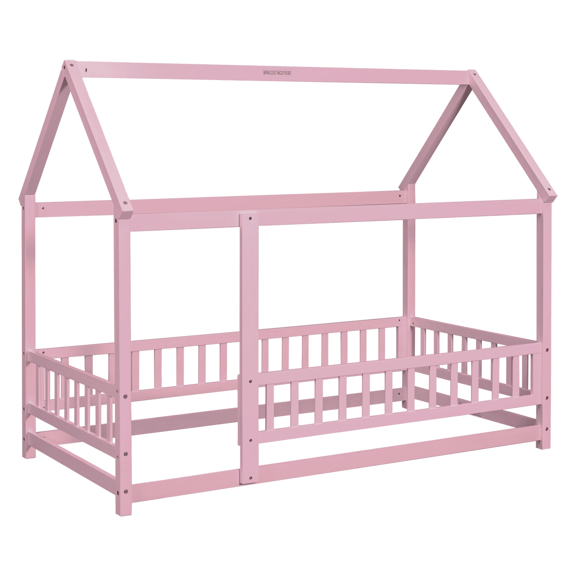 Pink Twin Size Toddler Floor Wooden Bed with House Roof Frame and Fence Guardrails