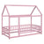 Pink Twin Size Toddler Floor Wooden Bed with House Roof Frame and Fence Guardrails