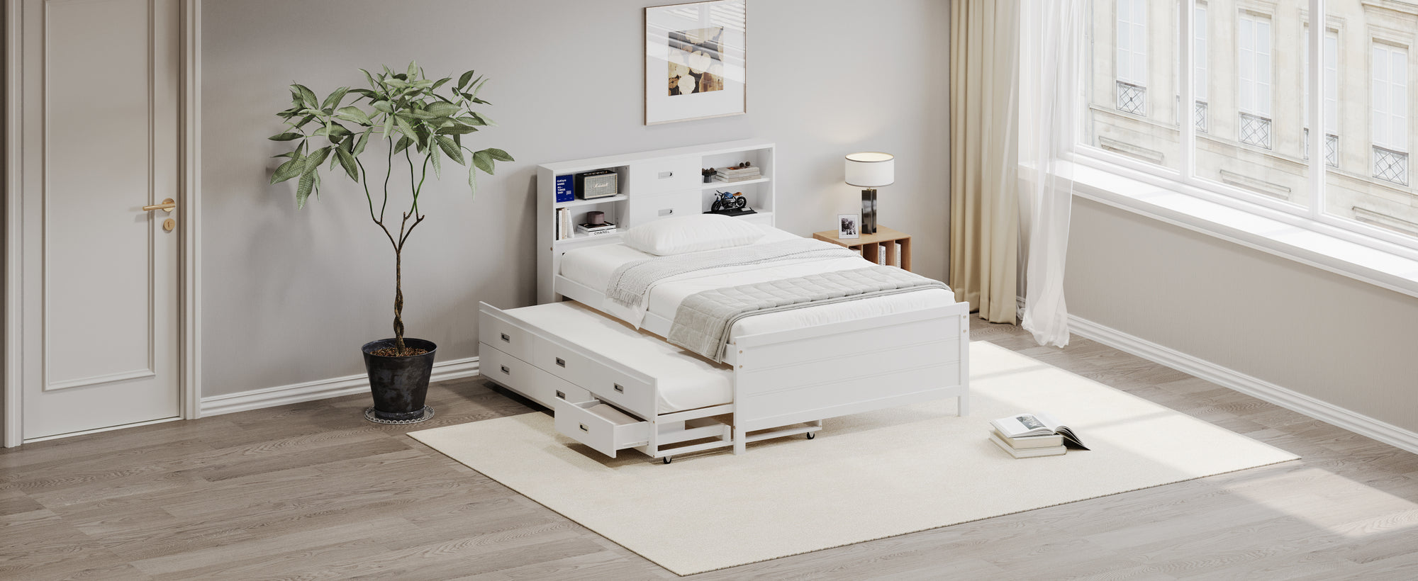 White Twin Platform Bed with Trundle, Drawers, and Storage Headboard