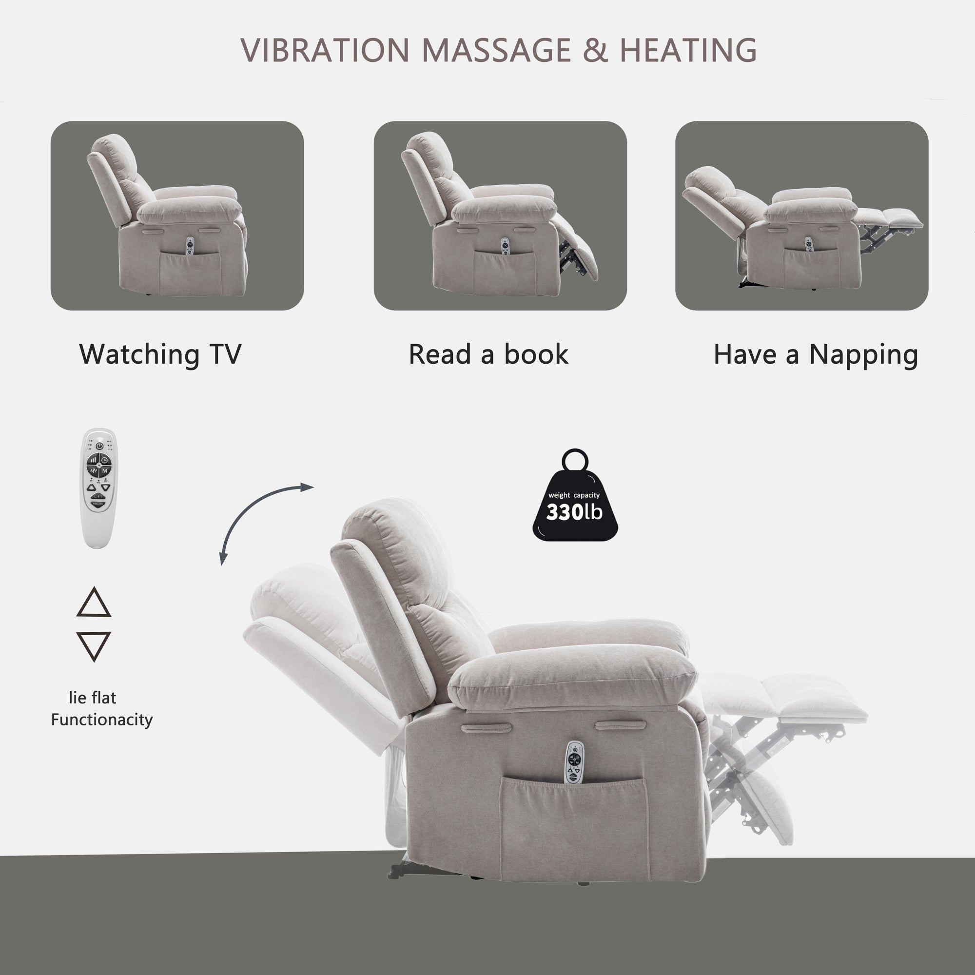 Power Recliner Chair with Adjustable Massage Function - Velvet Electric Armchair With Heating System & Side Pockets