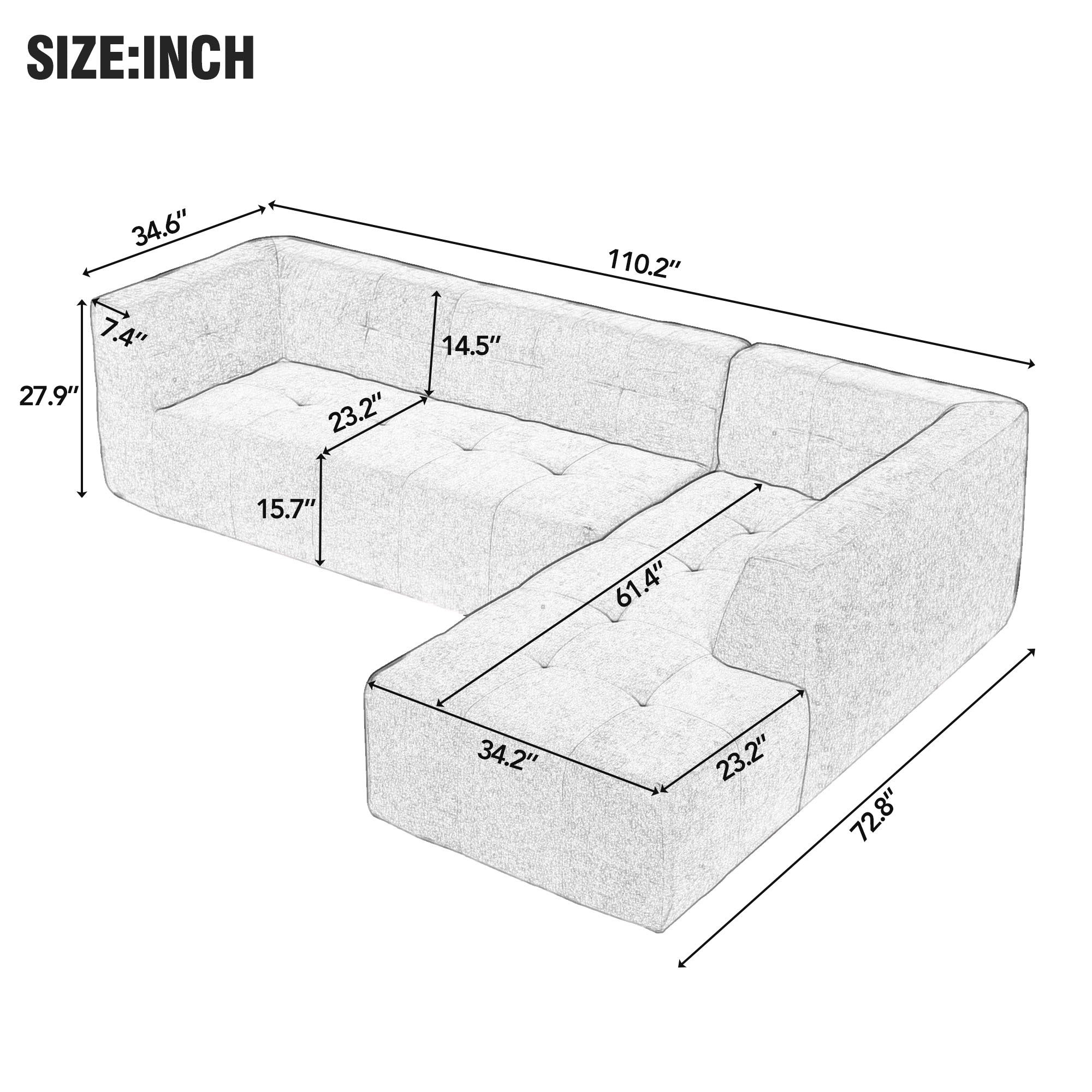 Mombasa 3-Seat Modern Compressed Sofa in Light Gray