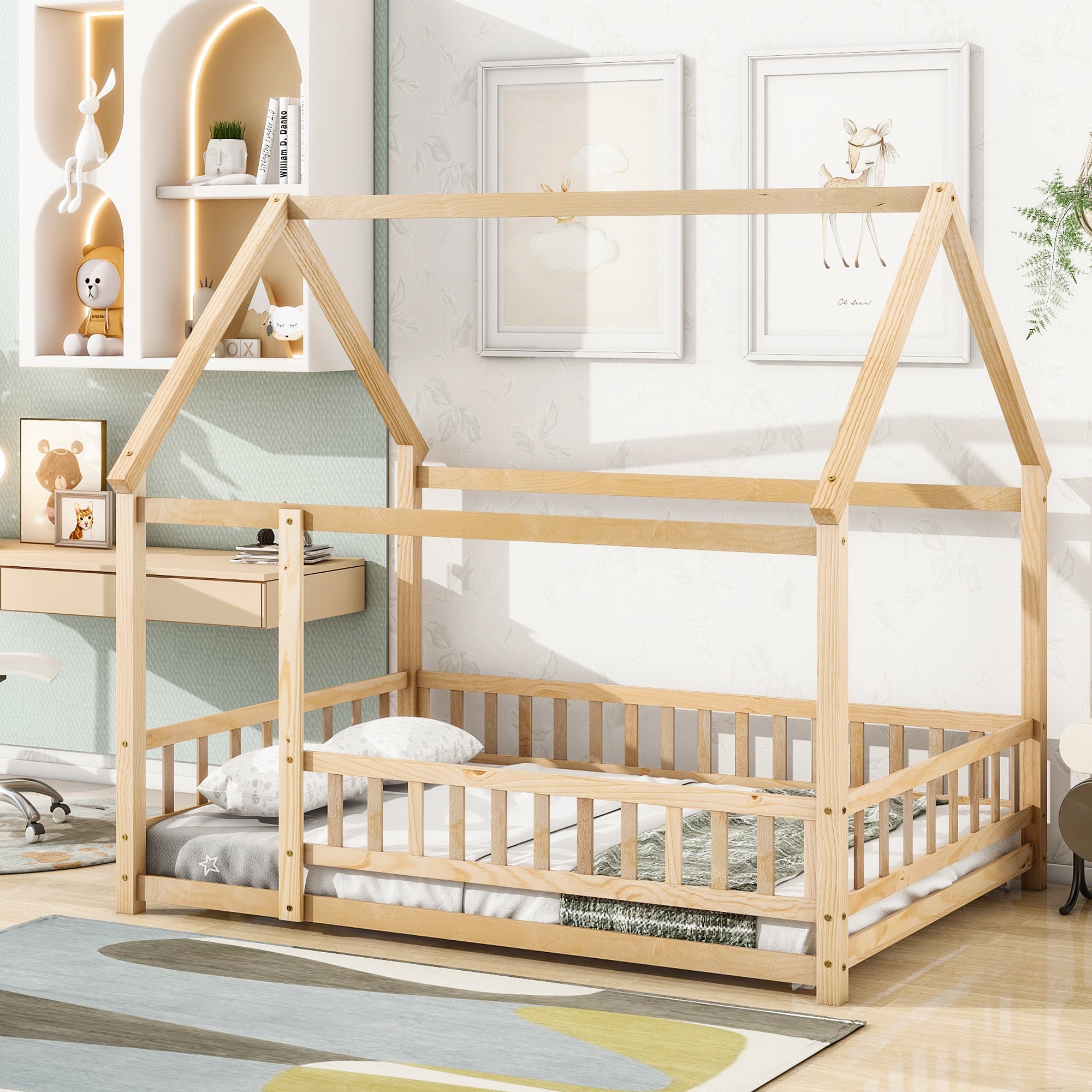 Natural Full Size Floor Wooden Toddler Floor Bed with House Roof Frame and Fence Guardrails