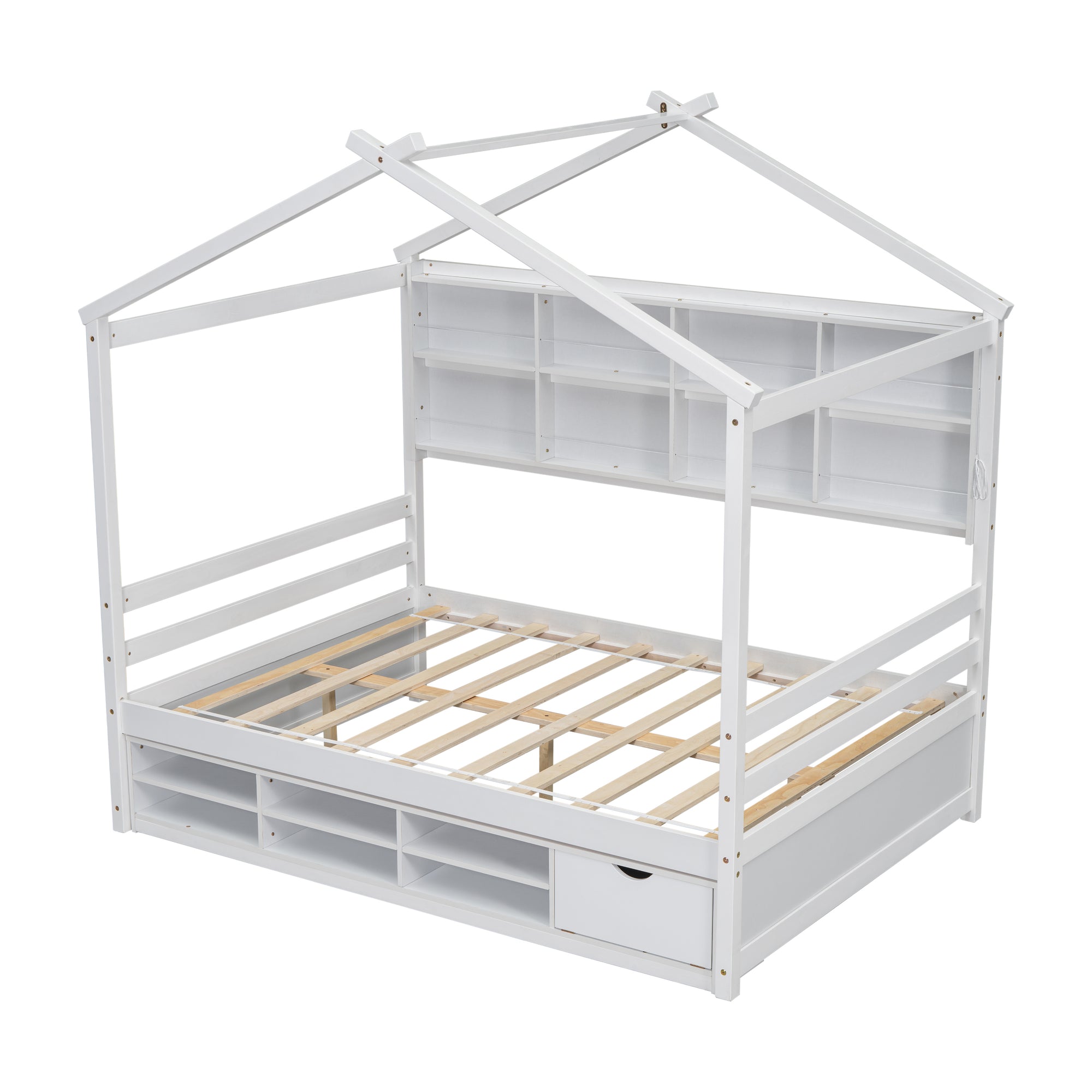 Full Sized Bed with Roof Frame, Bedside Shelves, and Under-Bed Storage Unit