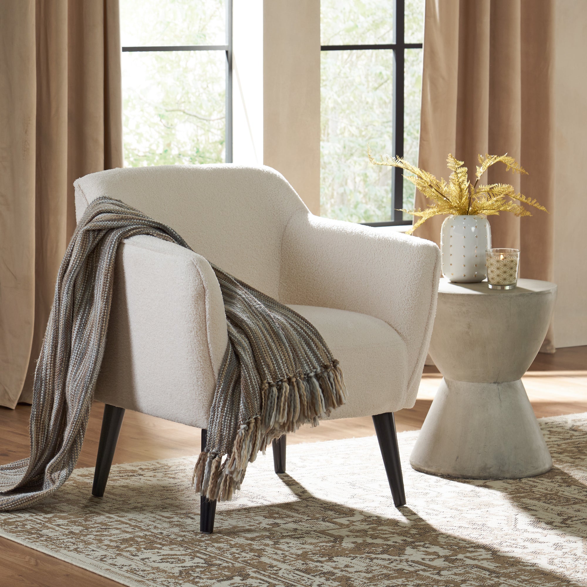 Stylish Upholstered Armchair In Ivory Fabric