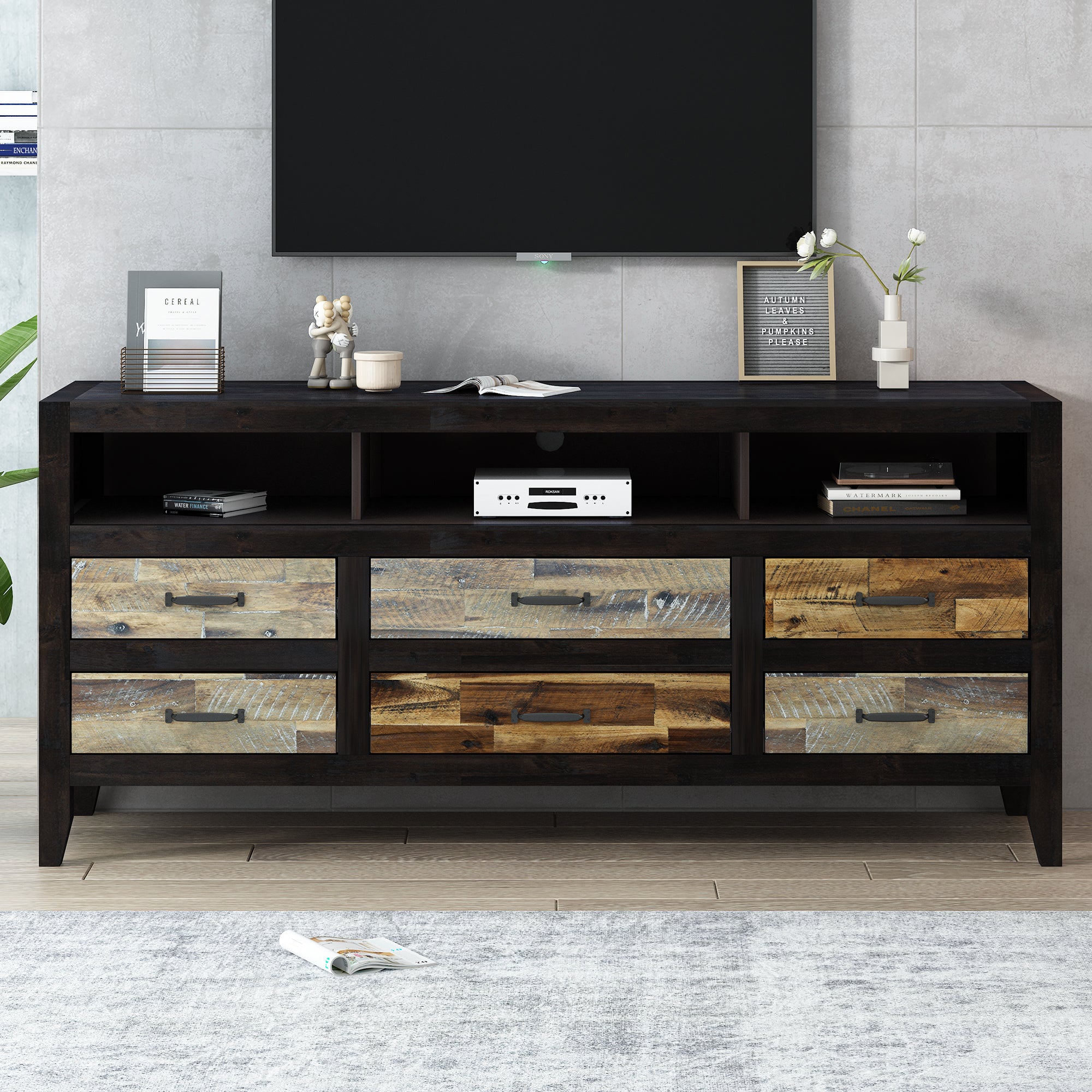 Retro Distressed Wooden TV Stand for TVs Up to 65 Inches Entertainment Center with 6 Drawers and 3 Shelves In Black