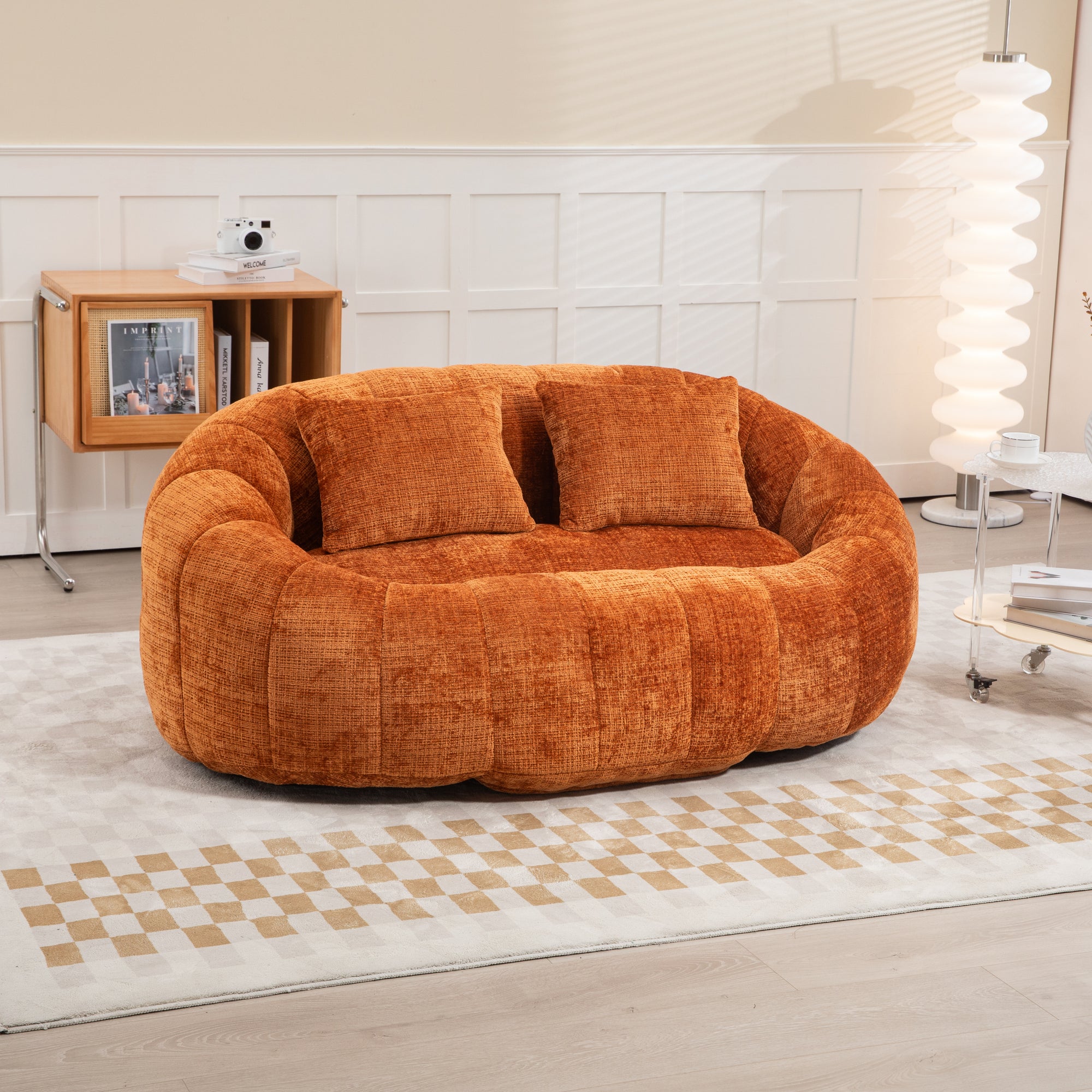 Comfortable High-Back Bean Bag Couch in Orange Chenille