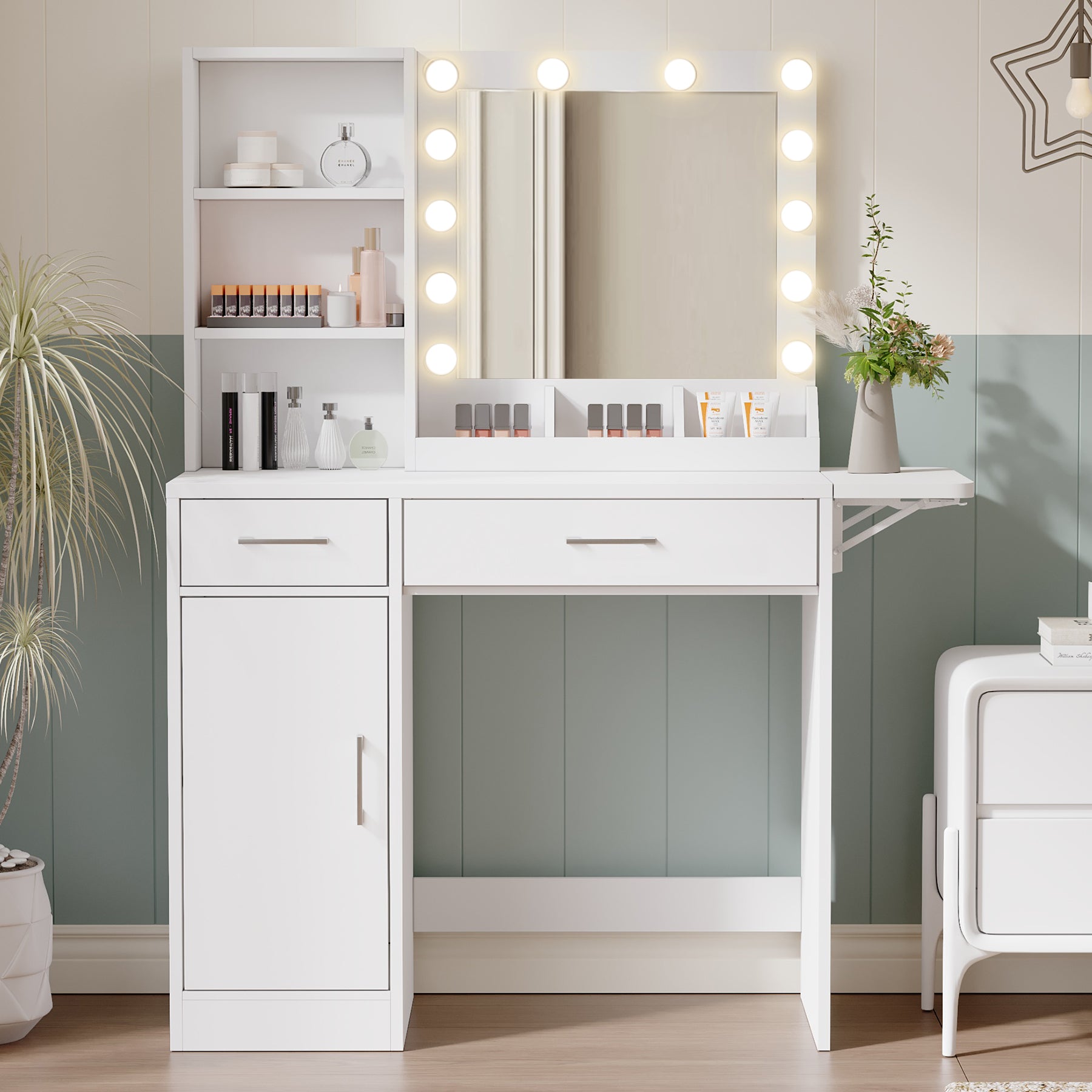 Vanity Desk with Drawers & Mirror with Lights Lots Storage In White