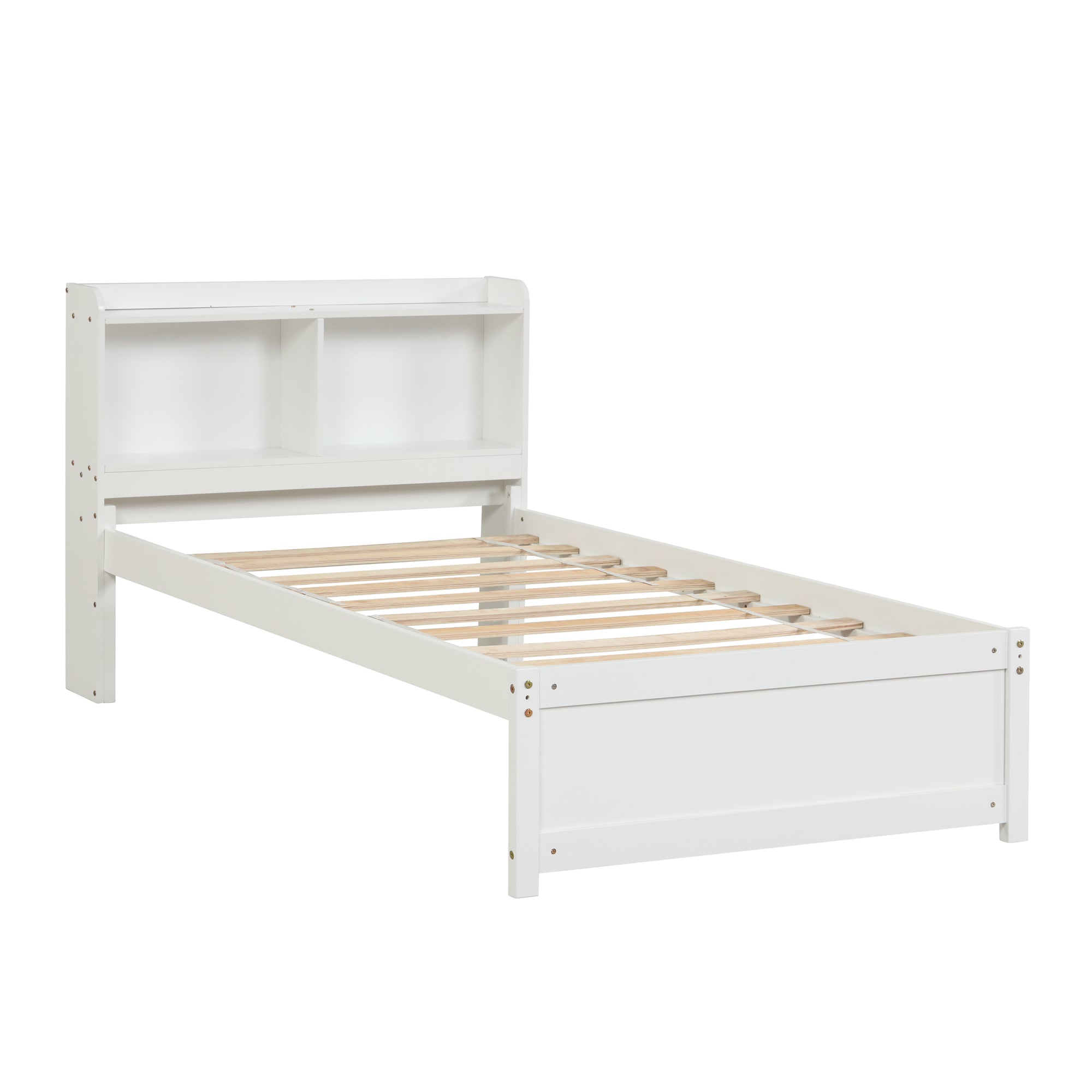 White Twin Bed with Trundle and Storage Headboard