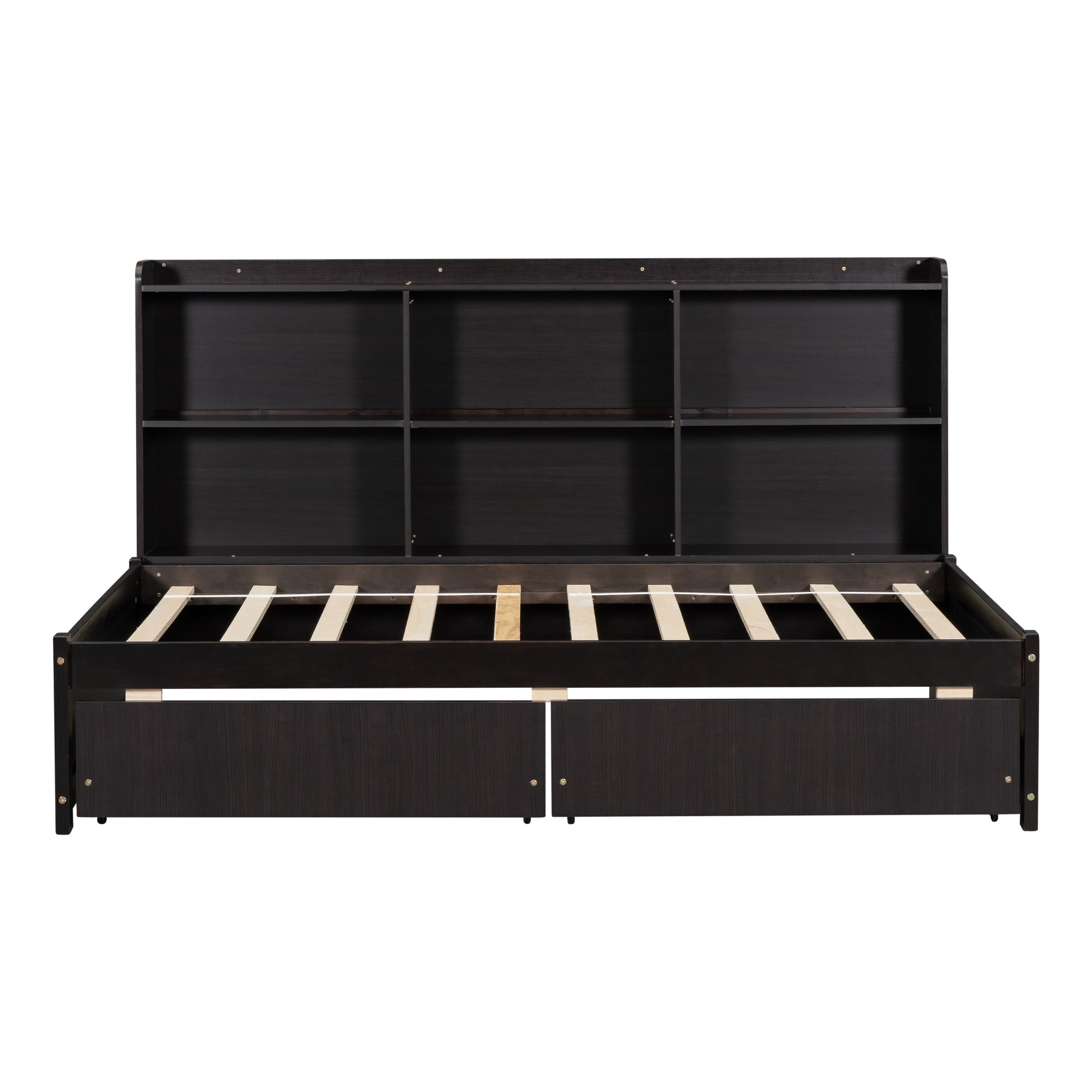 Espresso Tone Twin Bed with Side Bookcase and Storage Drawers