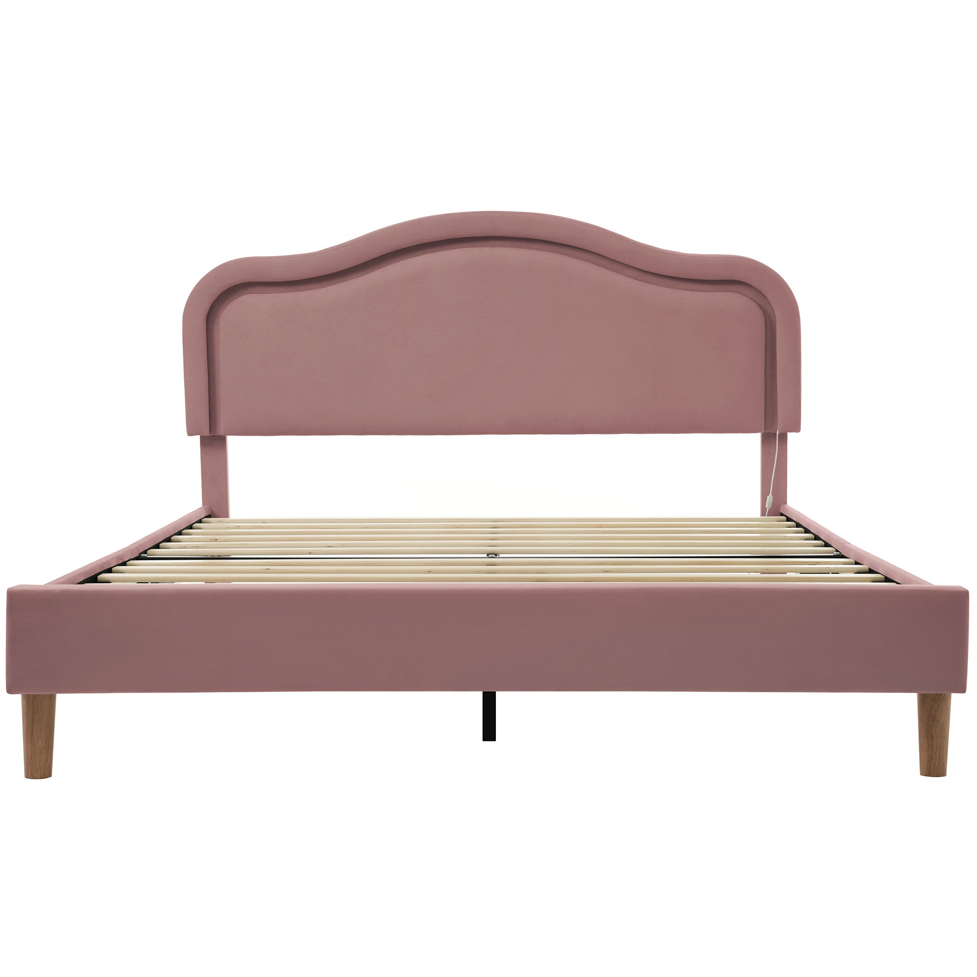 Pink Queen Bed Frame with Adjustable LED Lights and Velvet Upholstery