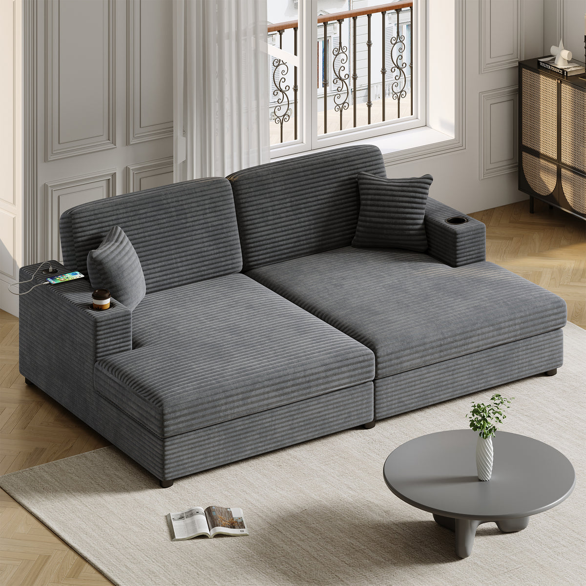 86.5&quot; Dark Gray Corduroy Double Chaise Lounge Sofa