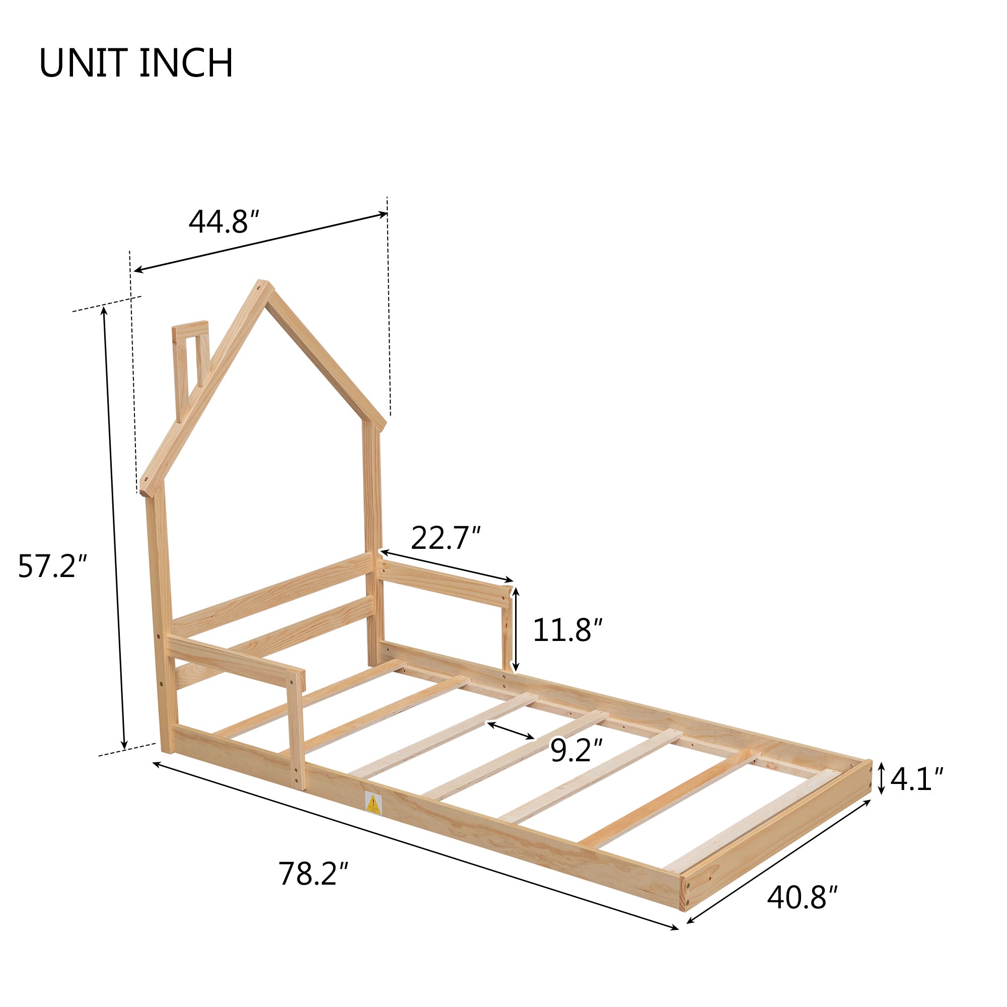 Natural Tone Twin House-Shaped Headboard Bed with Handrails