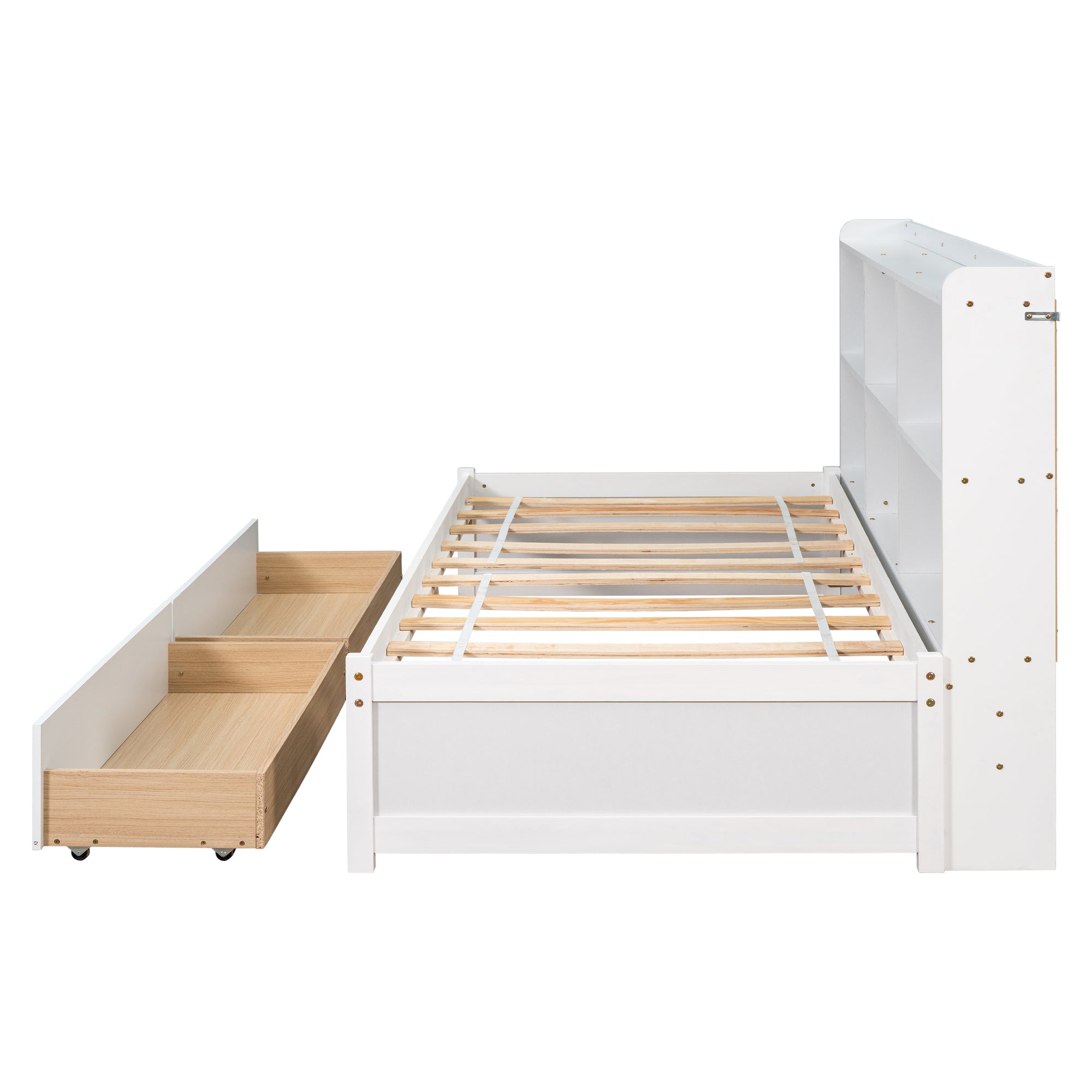 White Twin Bed with Side Bookcase and Storage Drawers