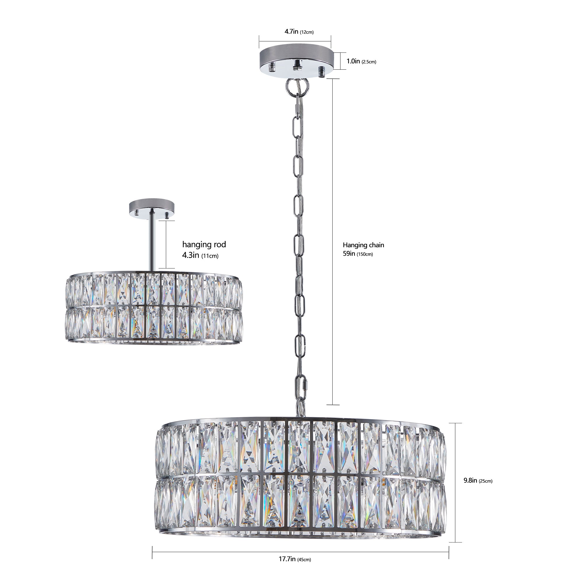 6-Light Pendant Crystal Drum Chandelier with Silver Metal Frame