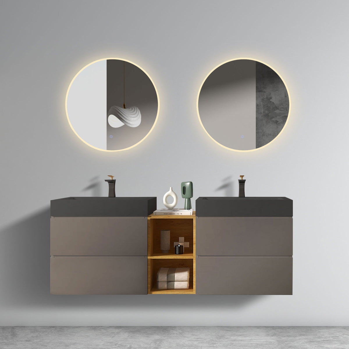 Modern Space Grey Bathroom Vanity with Double Sinks and Open Shelf In Space Grey