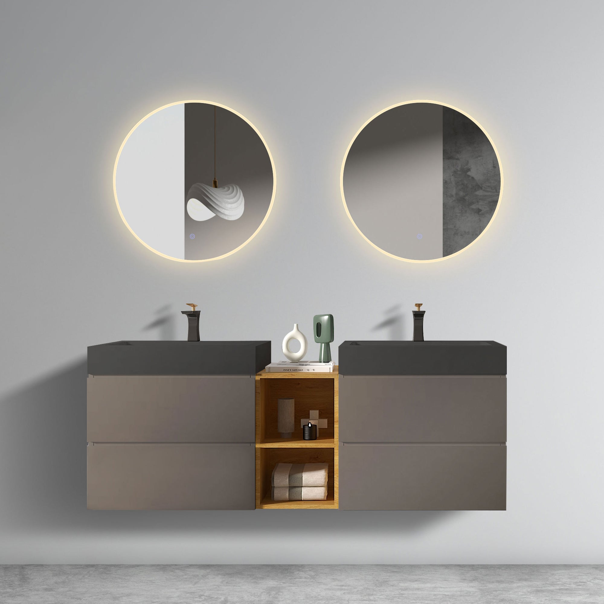 Modern Space Grey Bathroom Vanity with Double Sinks and Open Shelf In Space Grey