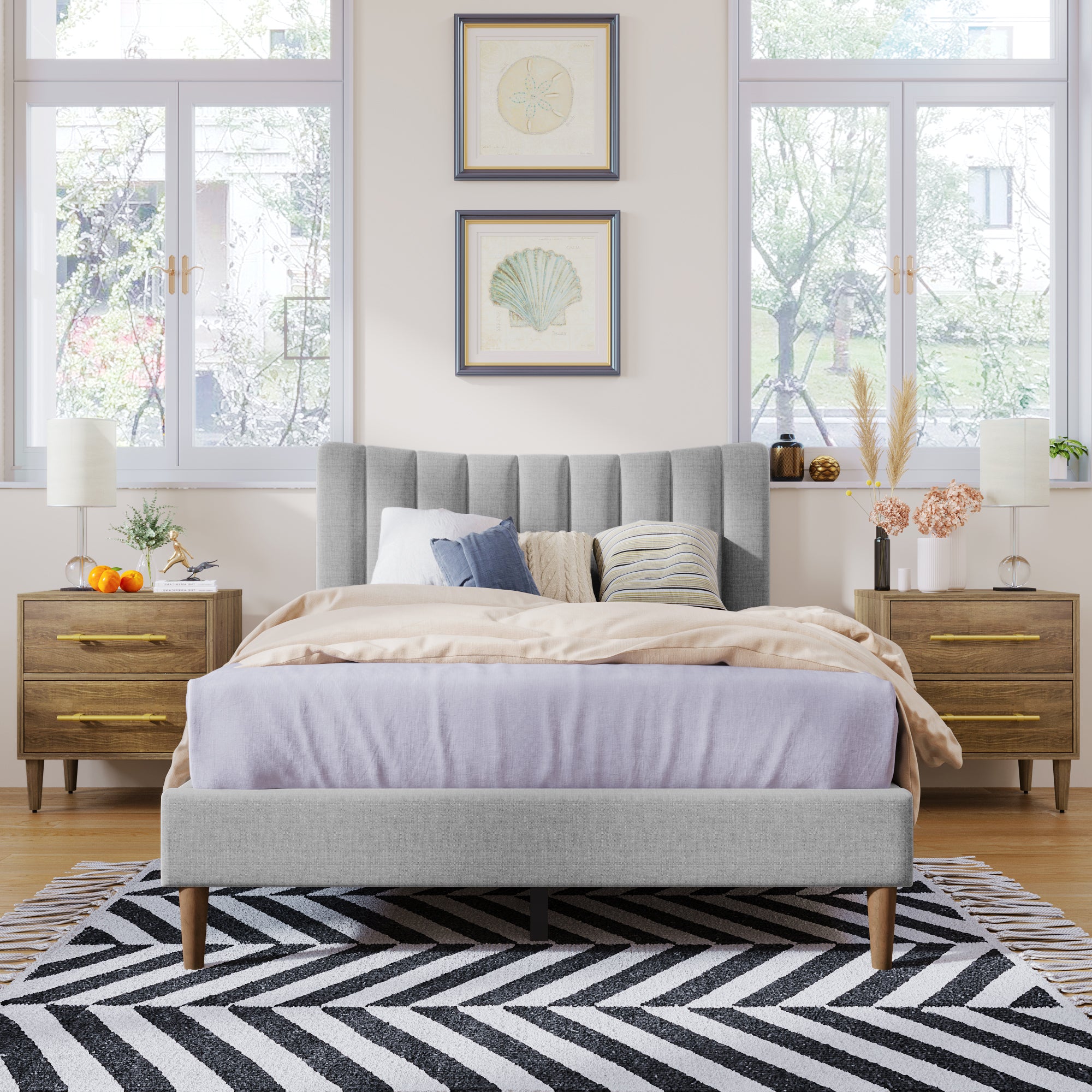 Gray Full Linen Upholstered Bed with Channel Tufting