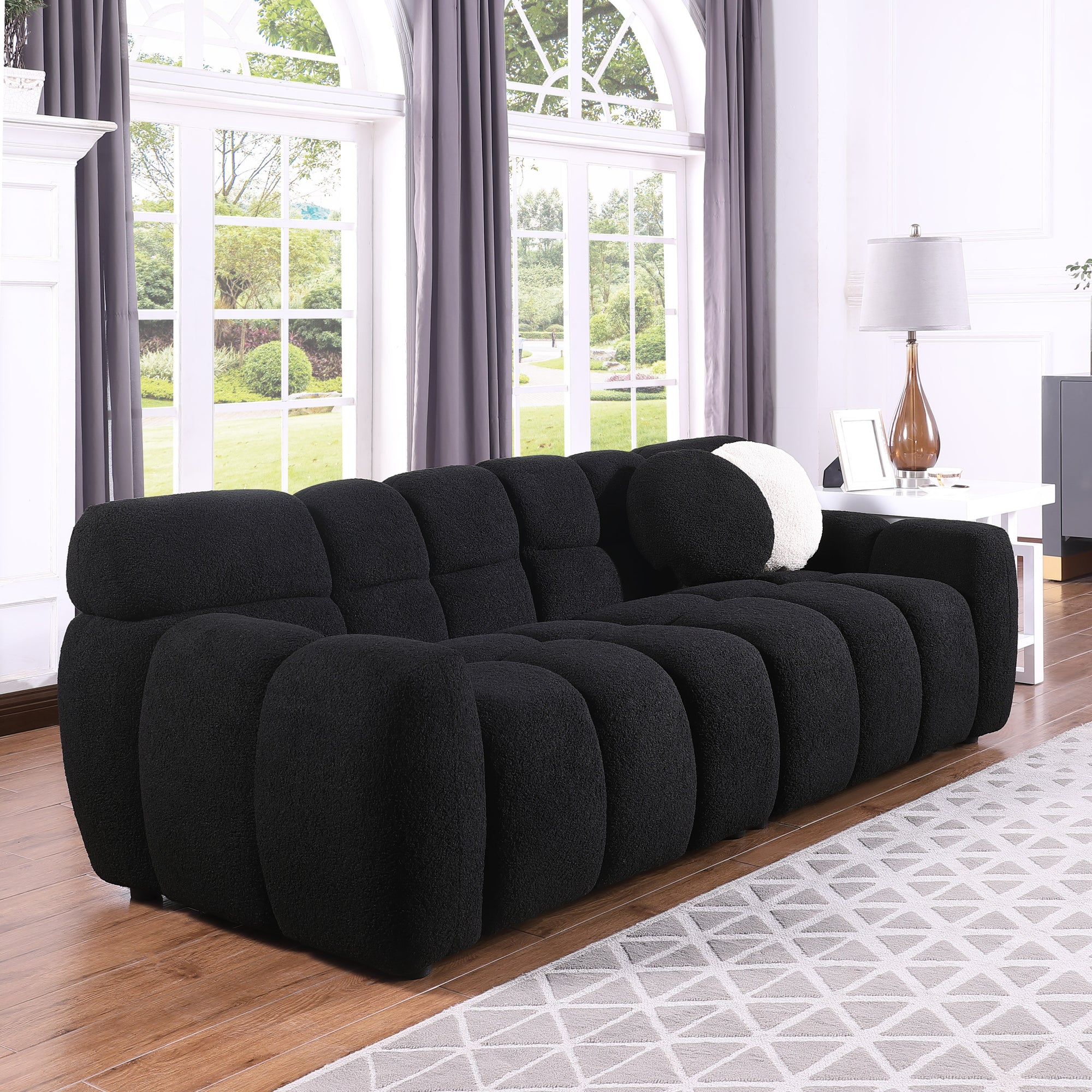 Black Boucle 3-Seater Marshmallow Sofa with Rolled Arms and Plush Foam Cushions