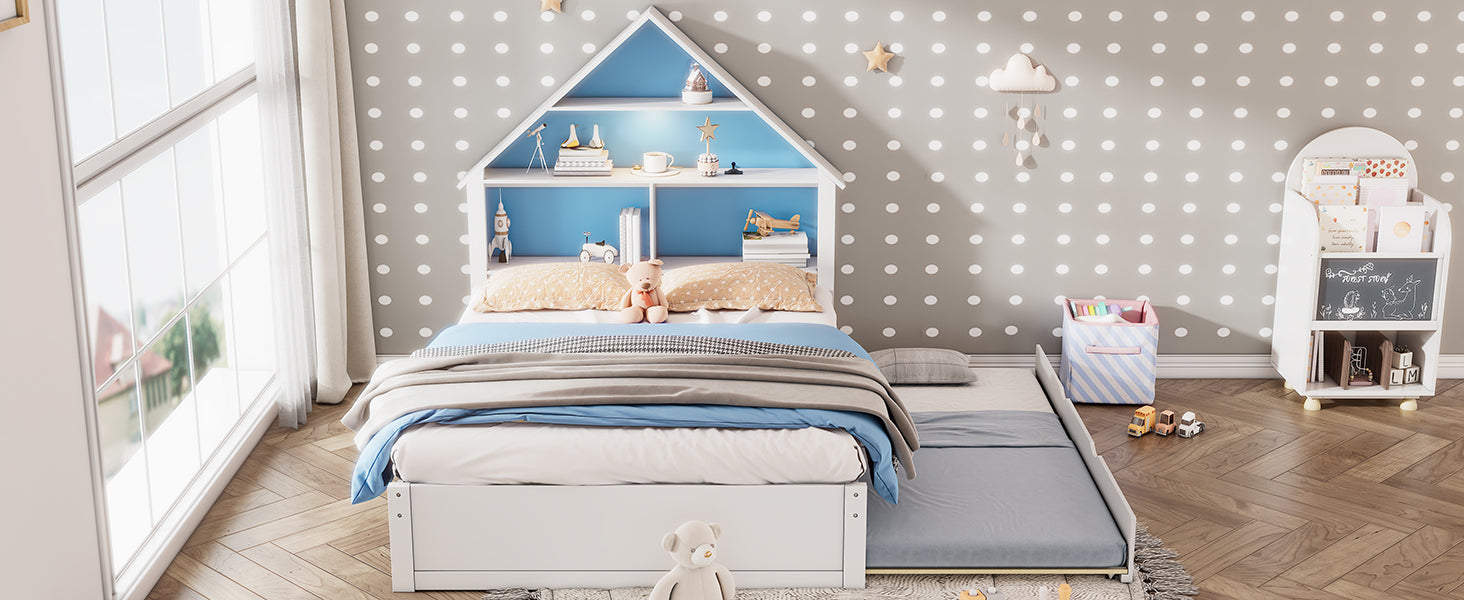 White & Blue Full House-Shaped Bed Frame with Trundle, Shelves, and LED Nightlight